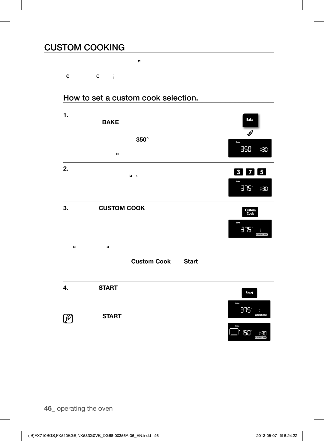 Samsung NX583GOVBSR, NX583GOVBBB, NX583GOVBWW, NX583GOVBBPKG, FX510BGS Custom Cooking, How to set a custom cook selection 