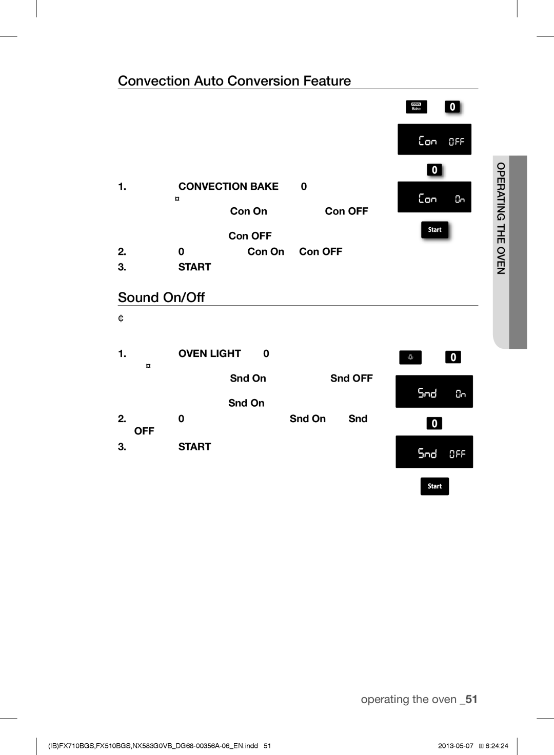 Samsung NX583GOVBSRPKG, NX583GOVBBB, NX583GOVBWW, NX583GOVBBPKG, FX510BGS Convection Auto Conversion Feature, Sound On/Off 