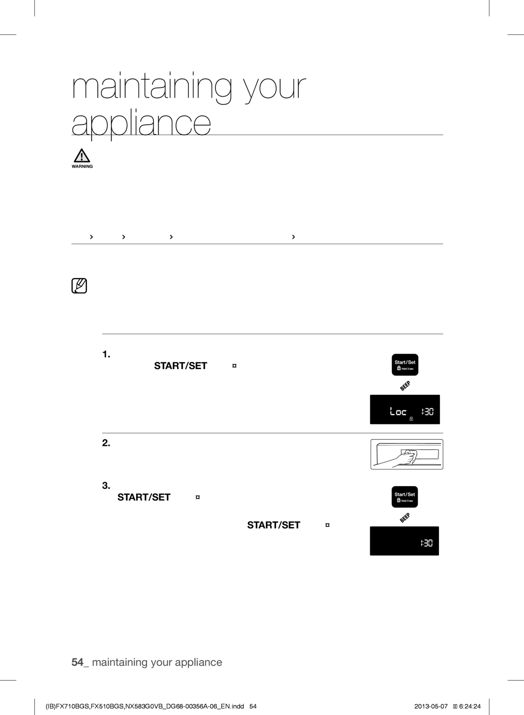 Samsung NX583GOVBBB, NX583GOVBSR, NX583GOVBWW Maintaining your appliance, Care and Cleaning of the Oven, Oven control panel 