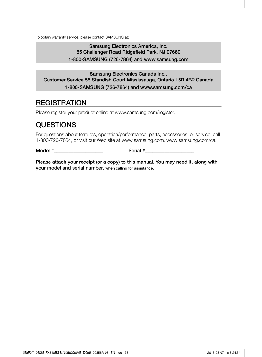 Samsung NX583GOVBSRPKG, NX583GOVBBB, NX583GOVBBPKG, NX583GOVBWWPKG, FX510BGS, FX710BGS Registration Questions, Model # 