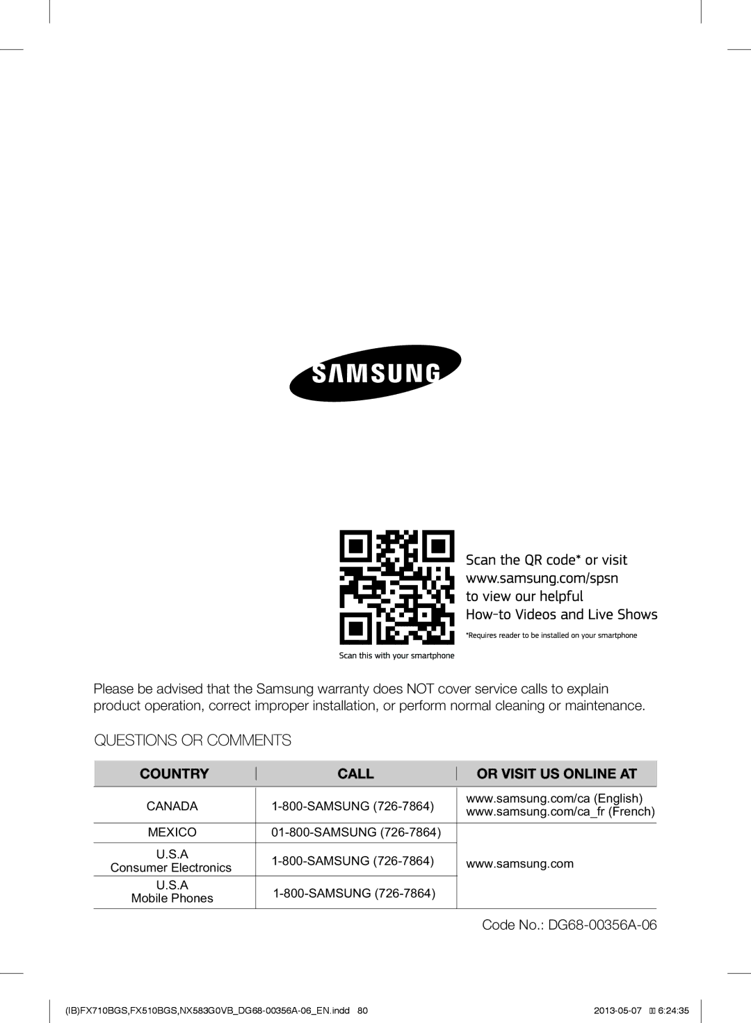 Samsung FX710BGS, NX583GOVBBB, NX583GOVBBPKG, NX583GOVBWWPKG, NX583GOVBSRPKG, FX510BGS user manual Canada 