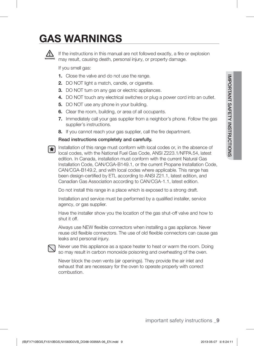 Samsung NX583GOVBBB, NX583GOVBBPKG, NX583GOVBWWPKG, NX583GOVBSRPKG, FX510BGS, FX710BGS user manual GAS Warnings 