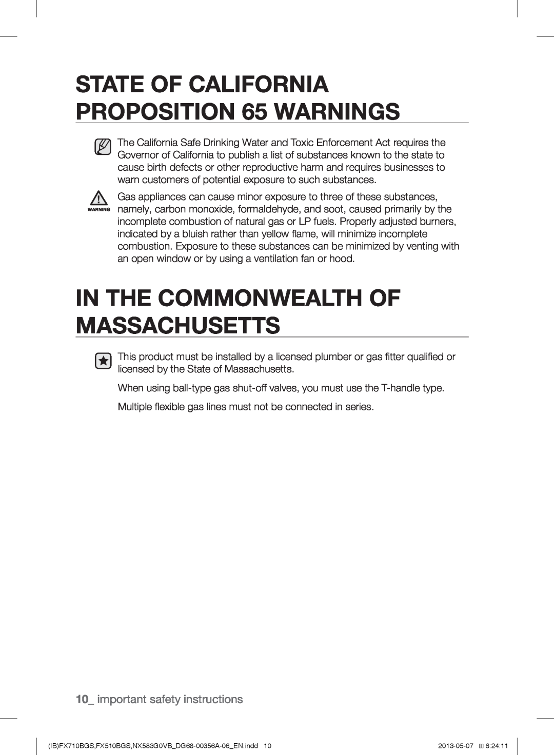 Samsung NX583GOVBSR, NX583GOVBBB In The Commonwealth Of Massachusetts, STATE OF CALIFORNIA PROPOSITION 65 WARNINGS 