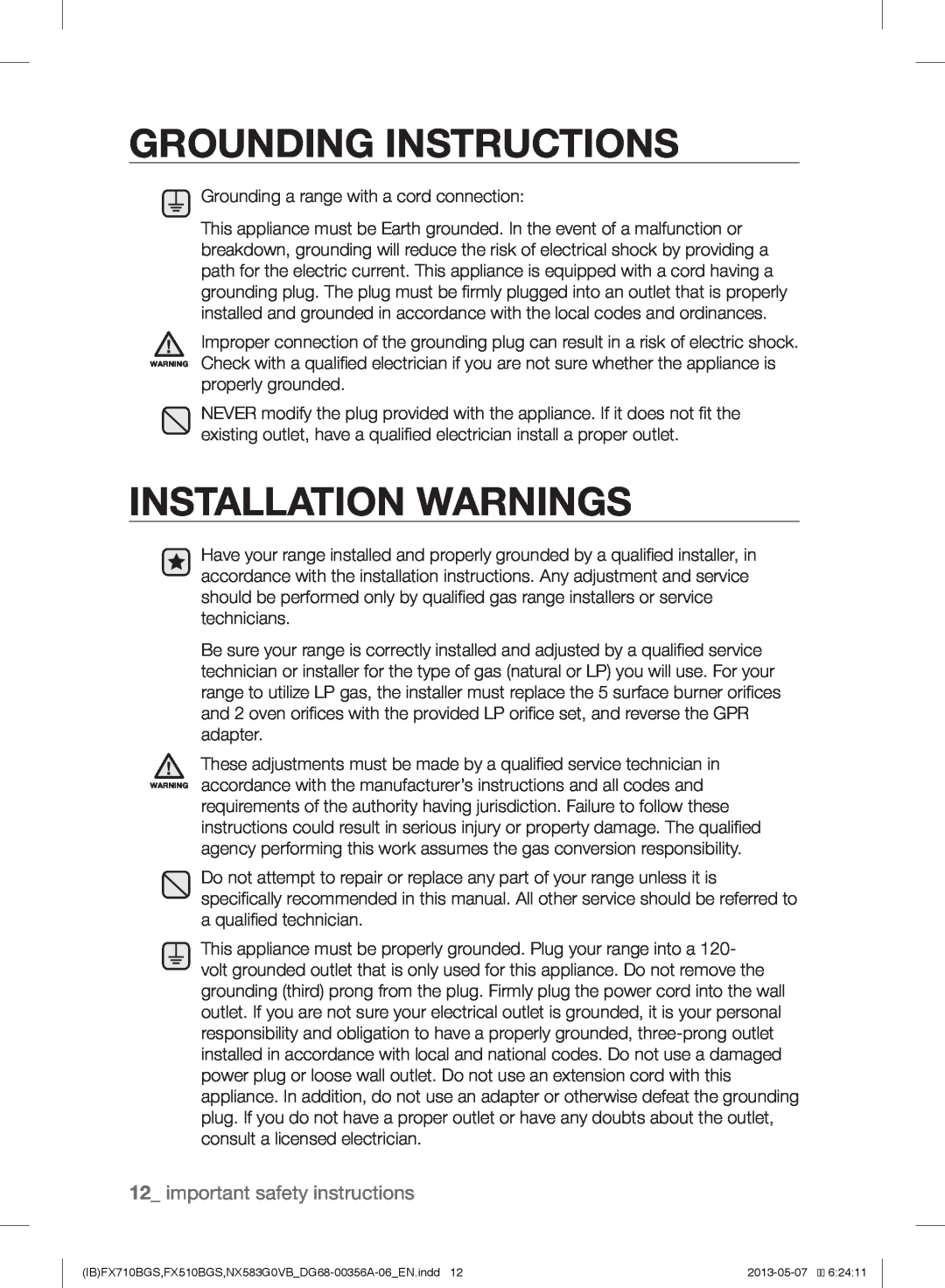 Samsung NX583GOVBBPKG, NX583GOVBBB, FX510BGS Grounding Instructions, Installation Warnings, important safety instructions 