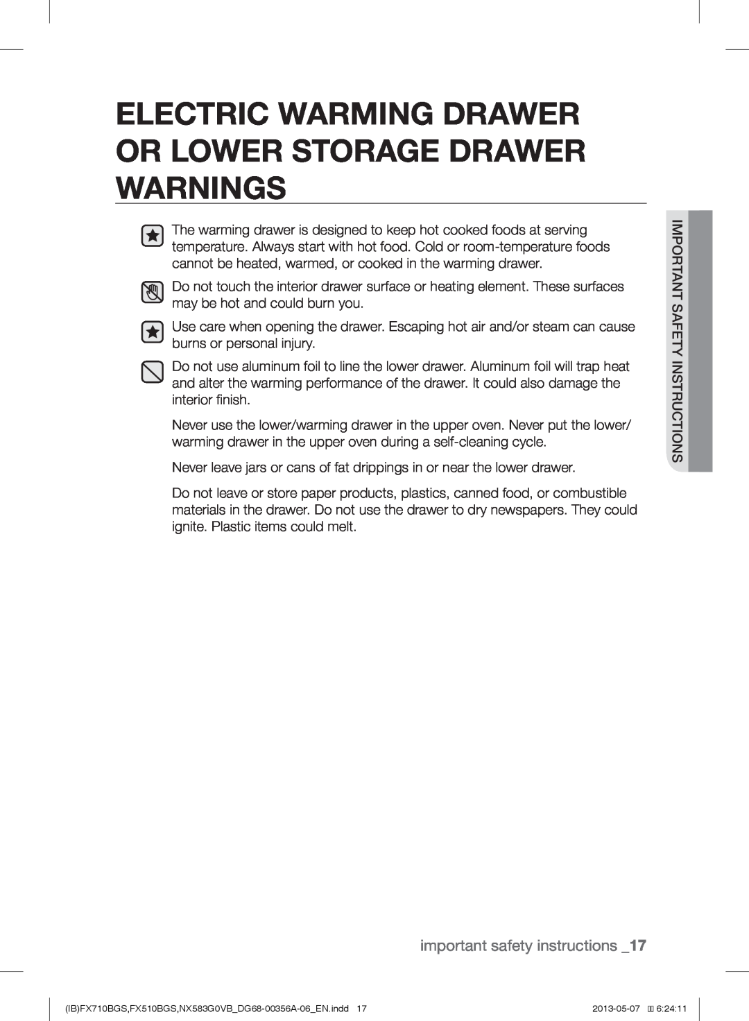 Samsung FX710BGS, NX583GOVBBB Electric Warming Drawer Or Lower Storage Drawer Warnings, important safety instructions 
