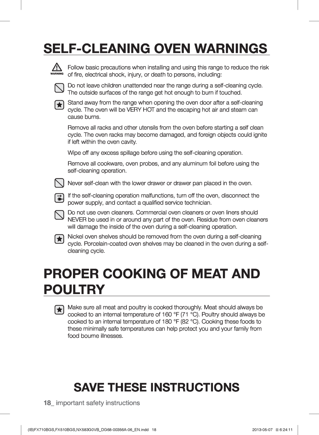 Samsung NX583GOVBBB, NX583GOVBSR Self-Cleaning Oven Warnings, Proper Cooking Of Meat And Poultry, Save These Instructions 