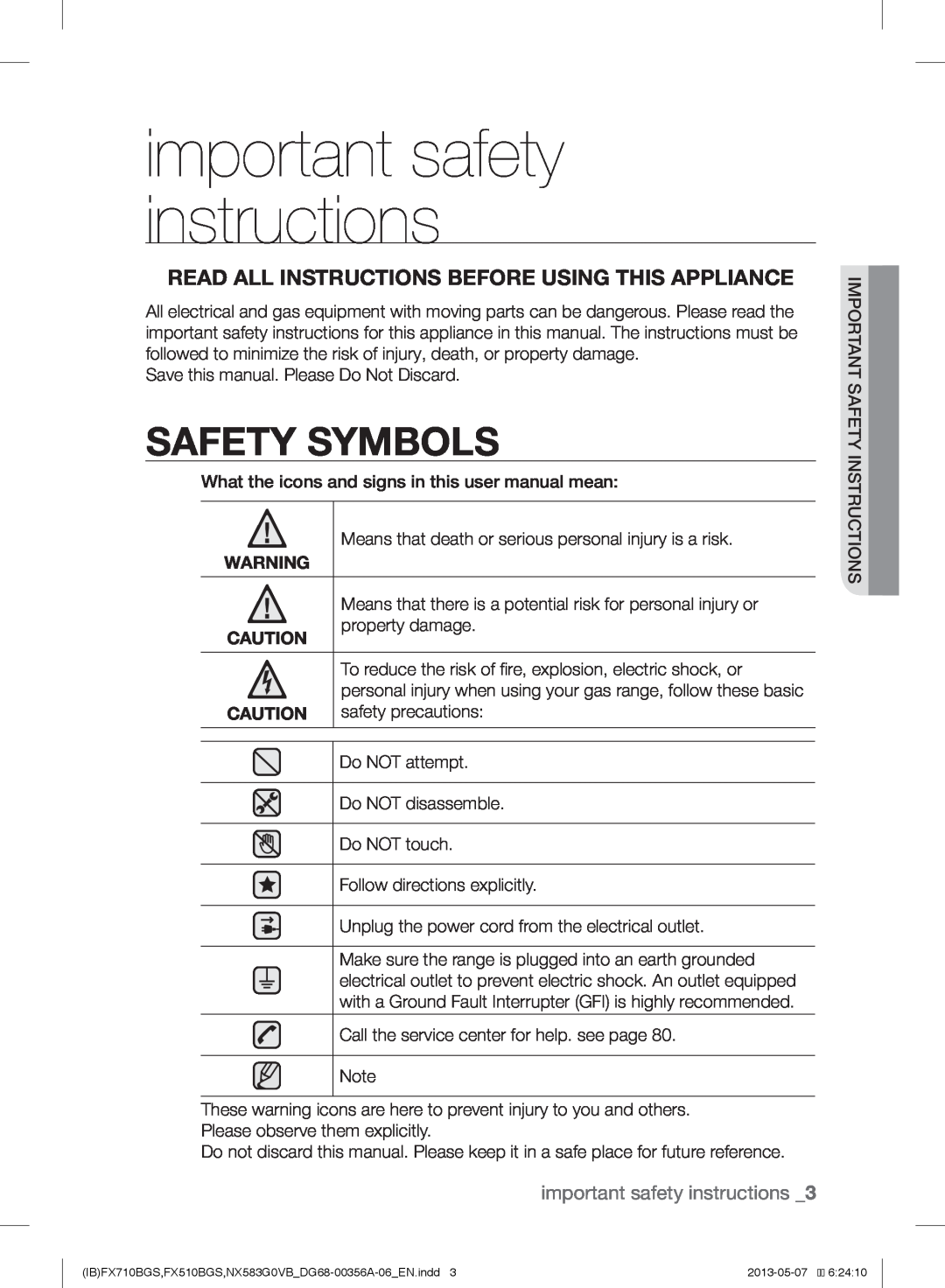 Samsung NX583GOVBBPKG Safety Symbols, important safety instructions, Read All Instructions Before Using This Appliance 