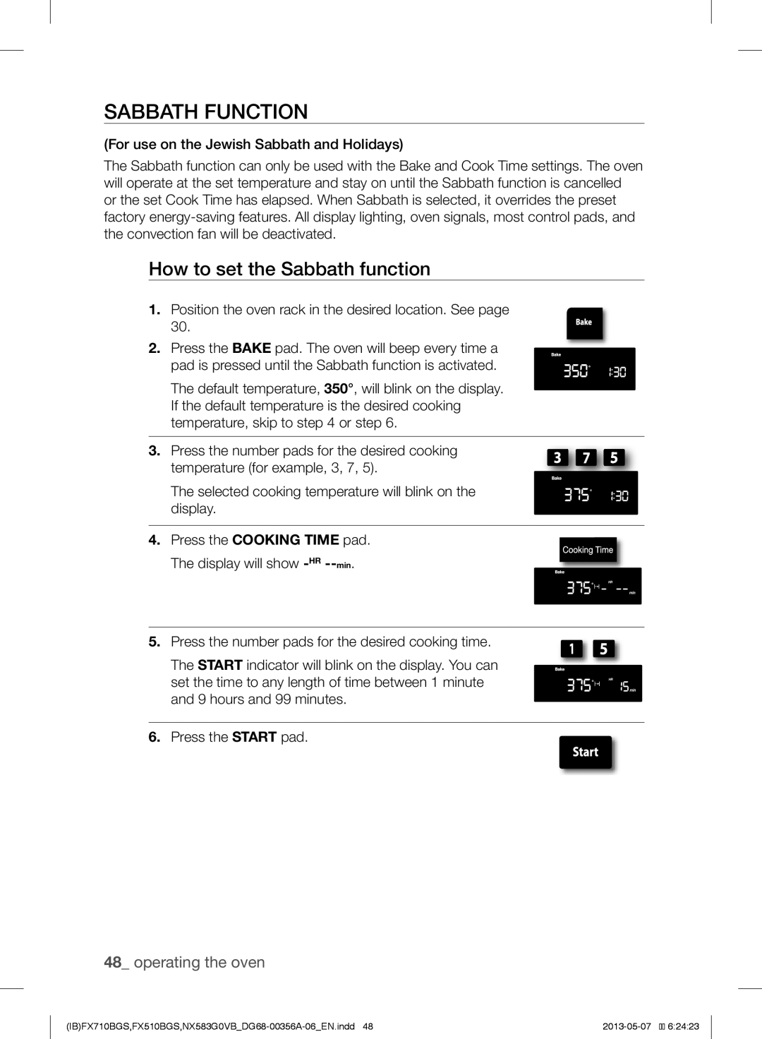 Samsung NX583GOVBBPKG, NX583GOVBBB, NX583GOVBSR Sabbath Function, How to set the Sabbath function, operating the oven 