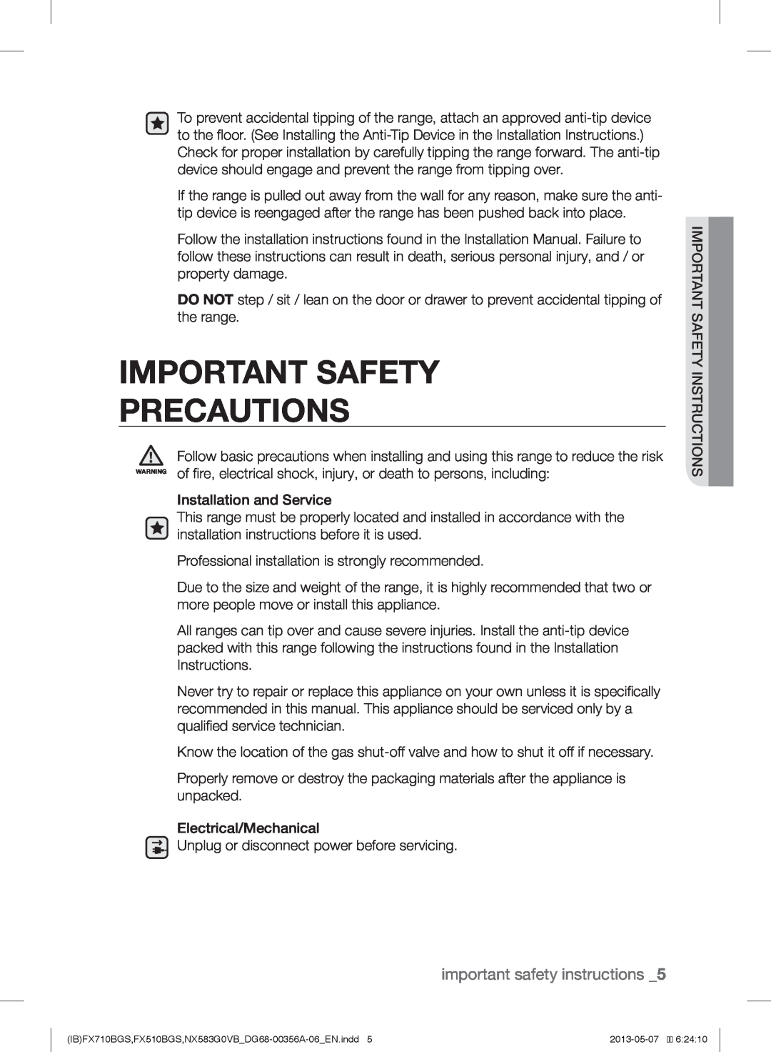 Samsung NX583GOVBBB, NX583GOVBSR, NX583GOVBWW, NX583GOVBBPKG Important Safety Precautions, important safety instructions 
