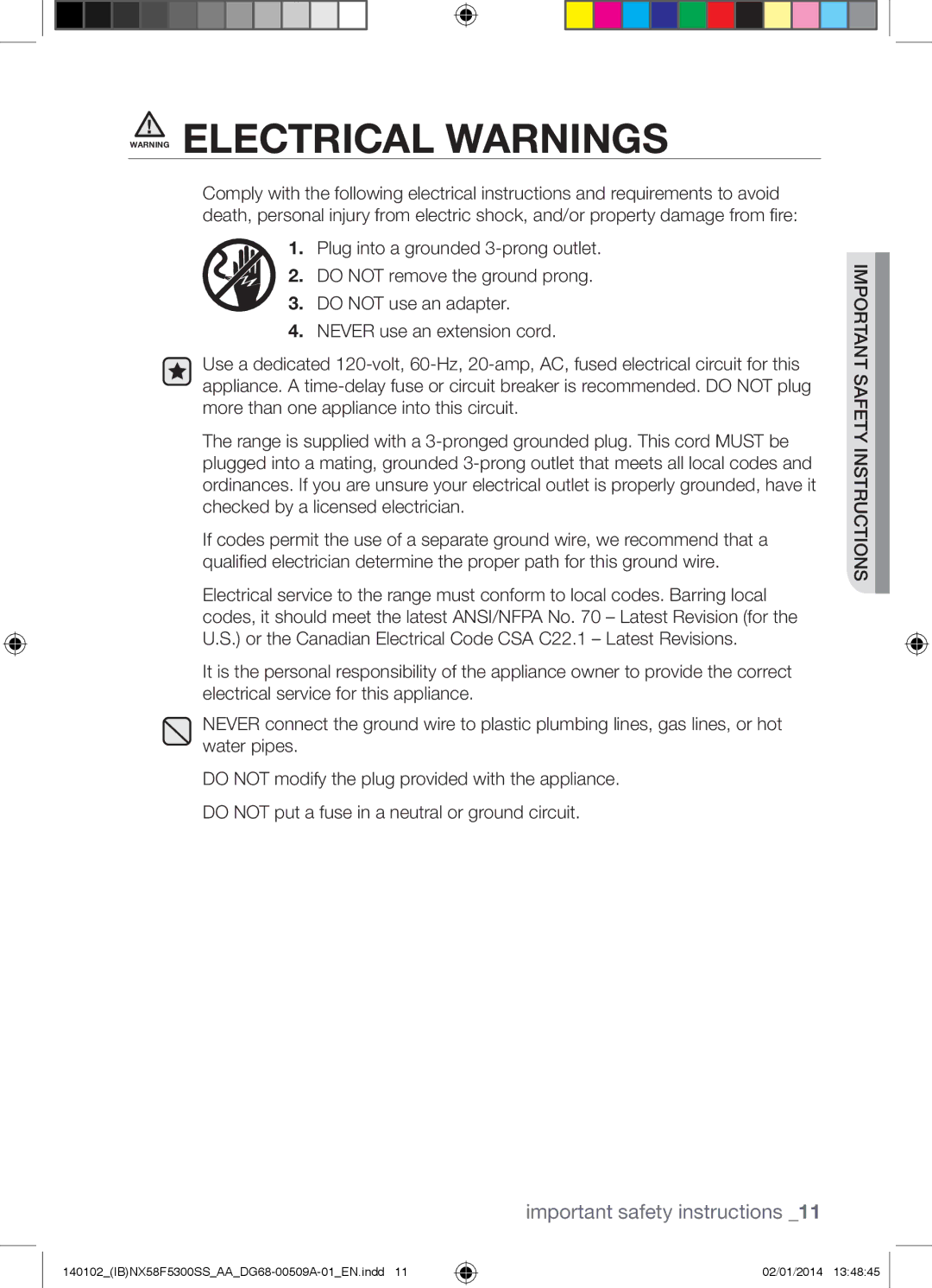 Samsung NX58F5500SW user manual Important safety instructions 