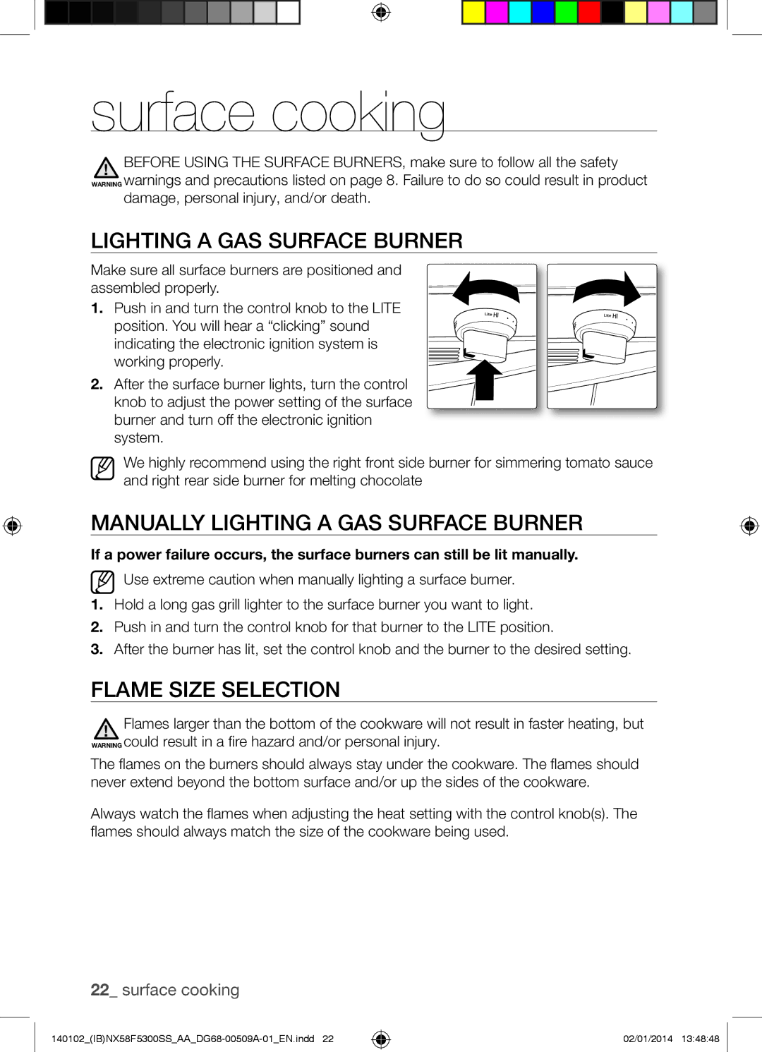 Samsung NX58F5500SW user manual Surface cooking, Manually Lighting a GAS Surface Burner, Flame Size Selection 