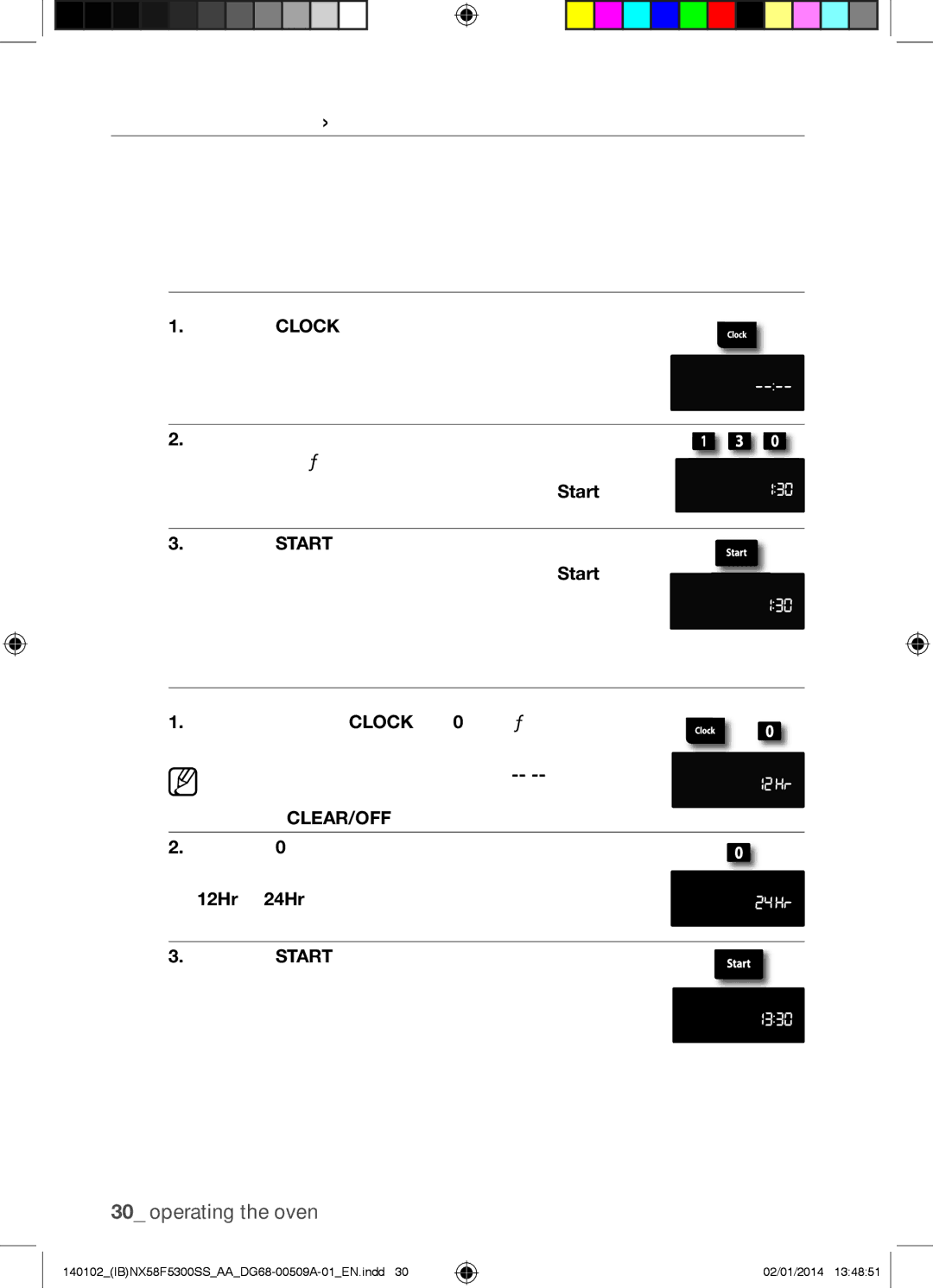 Samsung NX58F5500SW Setting the Clock, How to set the clock, How to change between a 12-hour and 24-hour display 