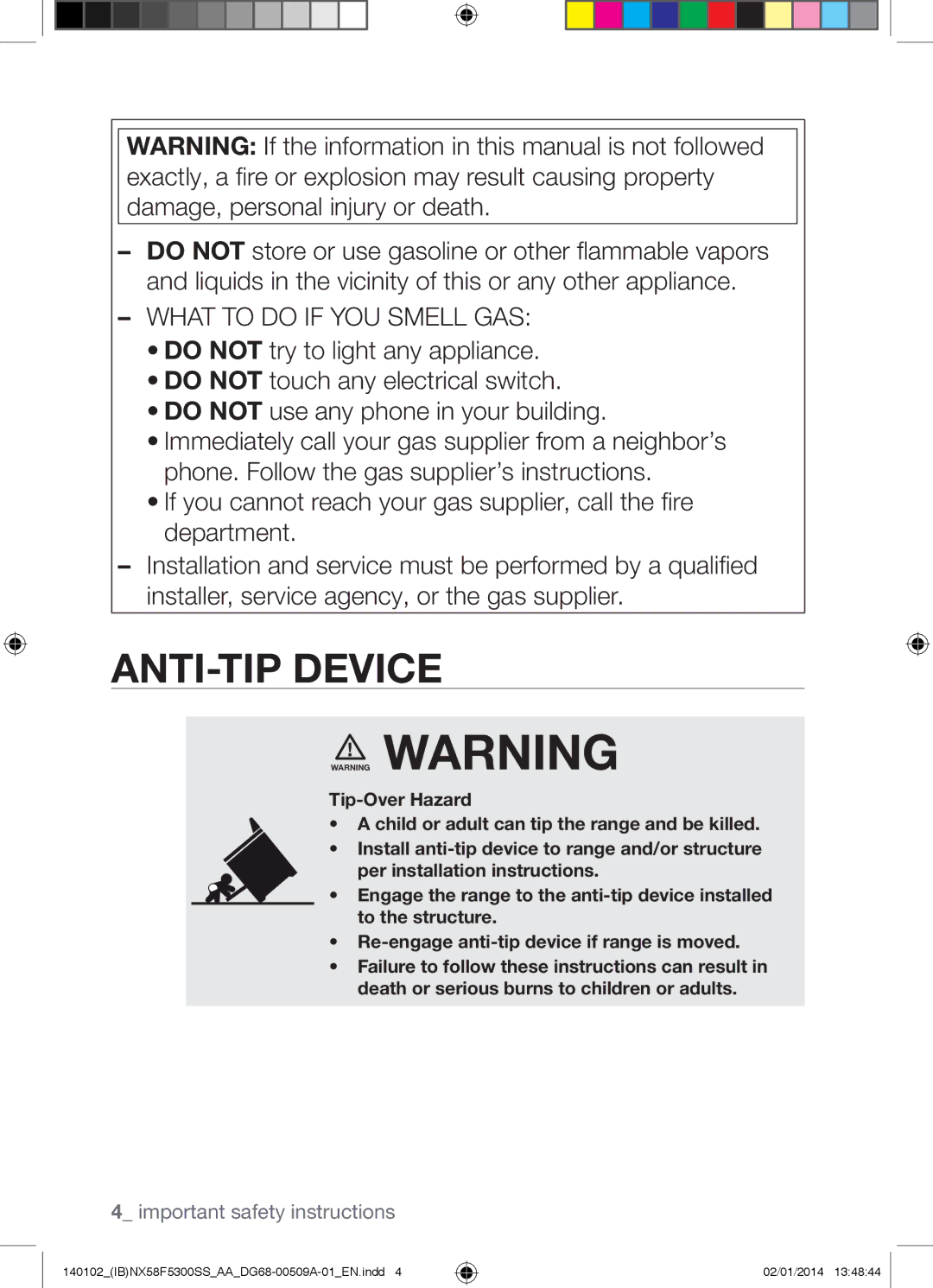 Samsung NX58F5500SW user manual ANTI-TIP Device, What to do if YOU Smell GAS 