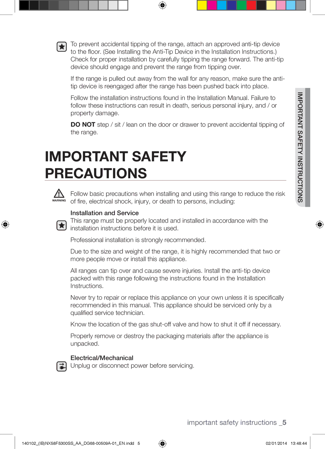 Samsung NX58F5500SW user manual Important Safety Precautions 