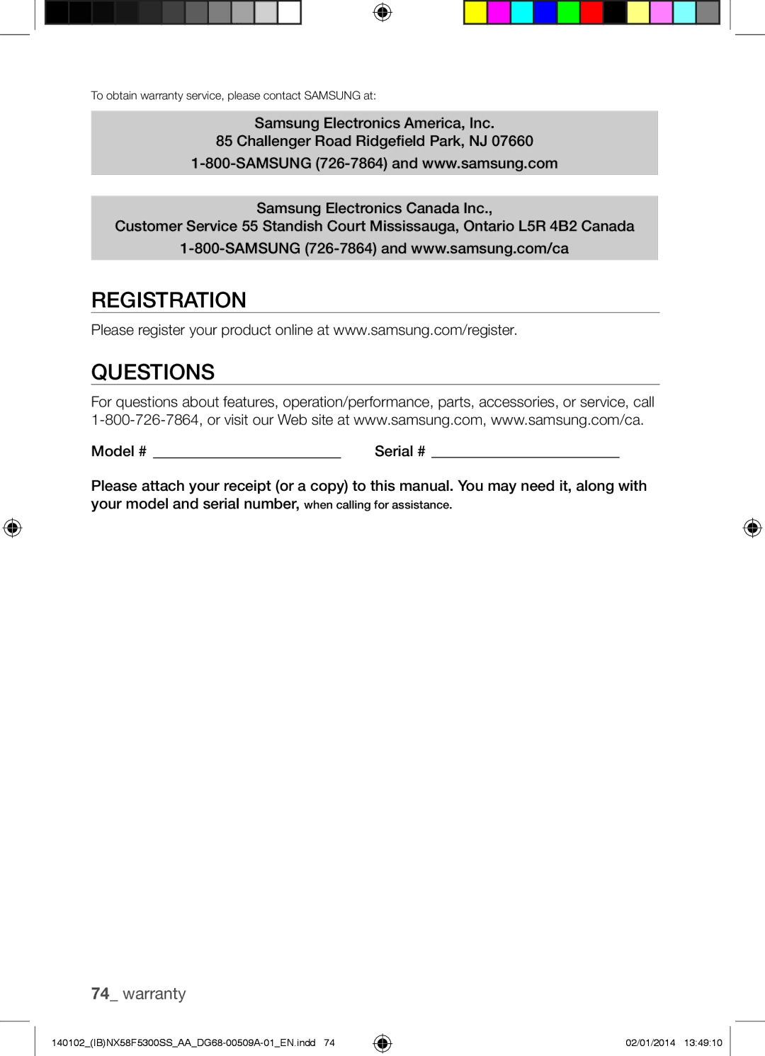 Samsung NX58F5500SW user manual Registration Questions, Model # 