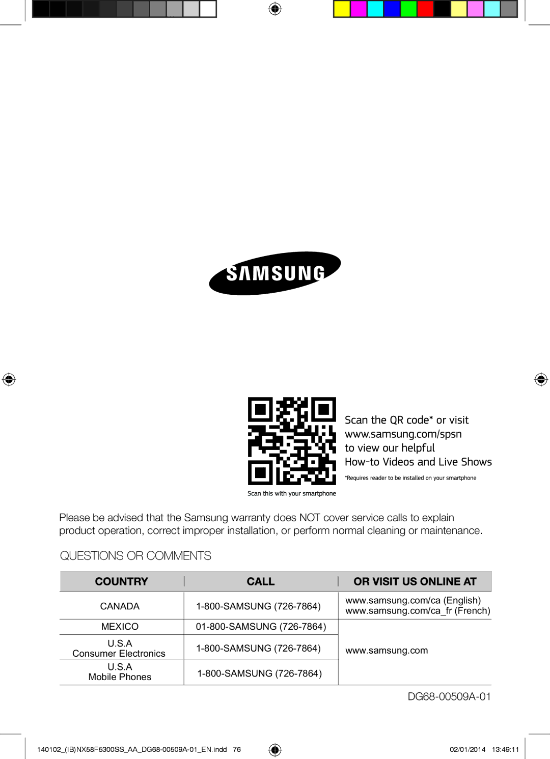 Samsung NX58F5500SW user manual Canada 