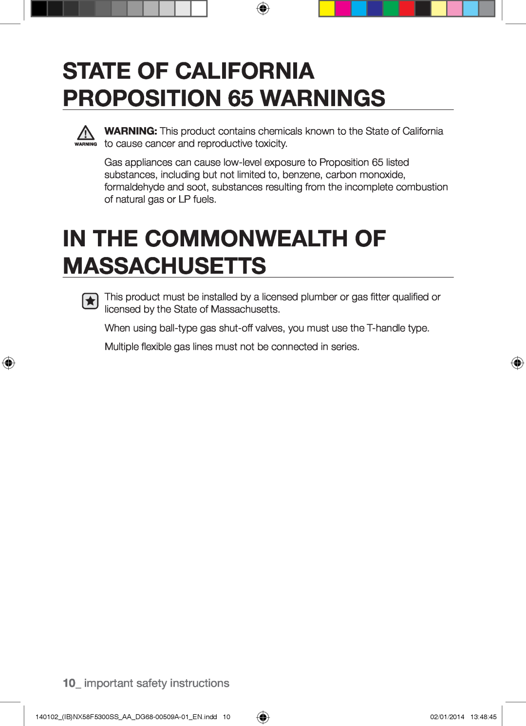 Samsung NX58F5500SW user manual In The Commonwealth Of Massachusetts, STATE OF CALIFORNIA PROPOSITION 65 WARNINGS 