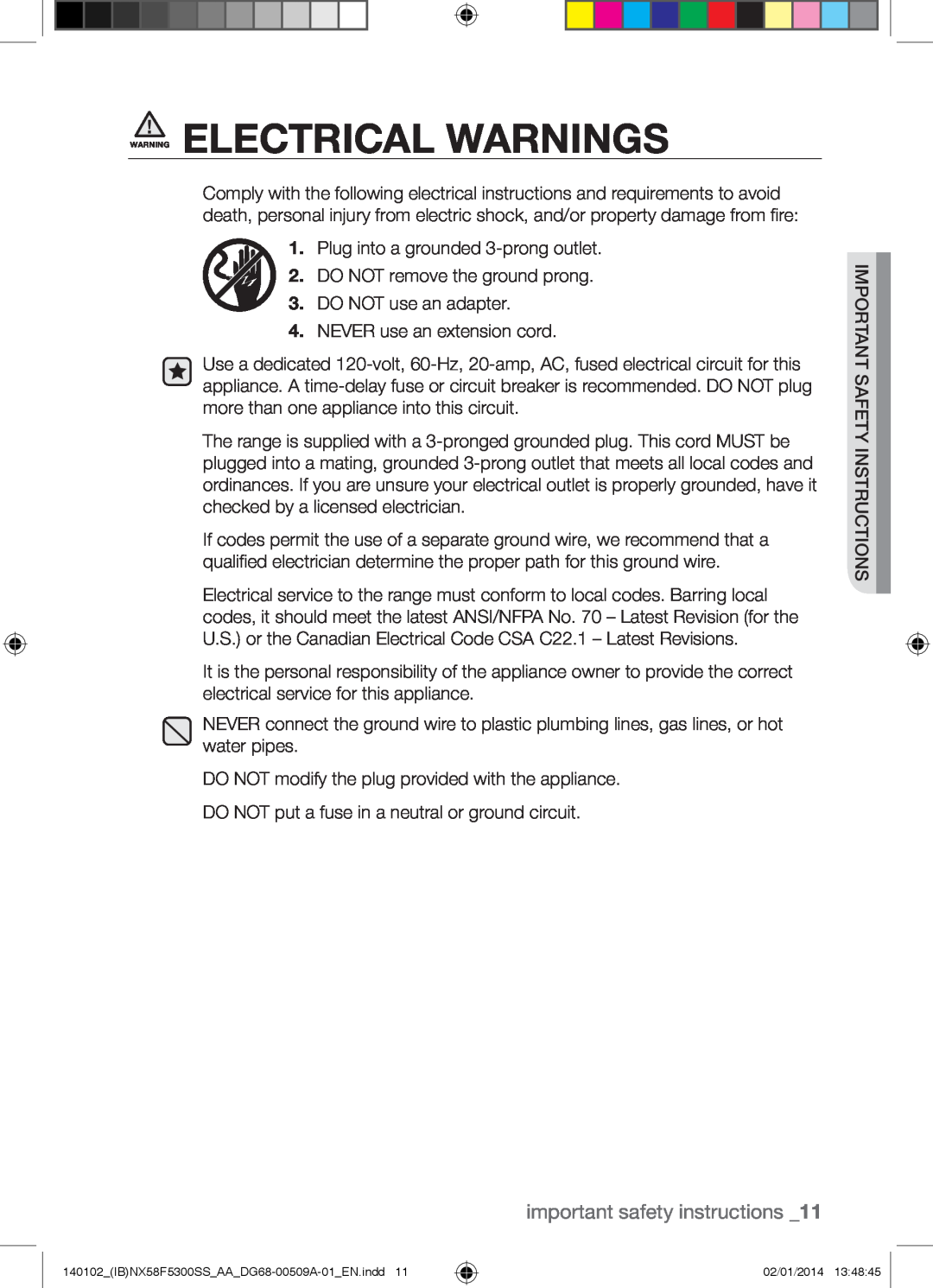 Samsung NX58F5500SW user manual Warning Electrical Warnings, important safety instructions 