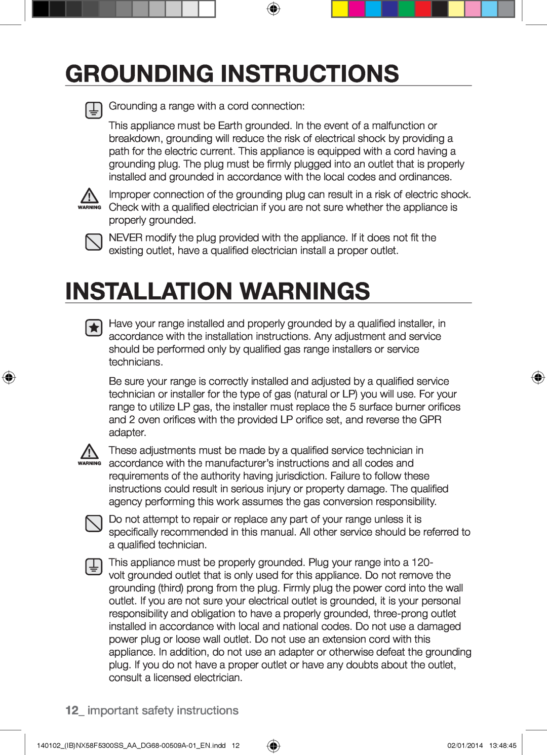 Samsung NX58F5500SW user manual Grounding Instructions, Installation Warnings, important safety instructions 