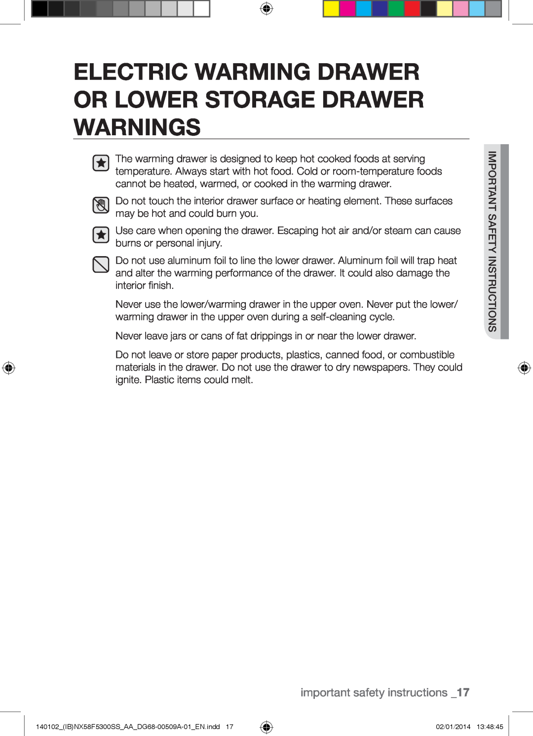 Samsung NX58F5500SW user manual Electric Warming Drawer Or Lower Storage Drawer Warnings, important safety instructions 