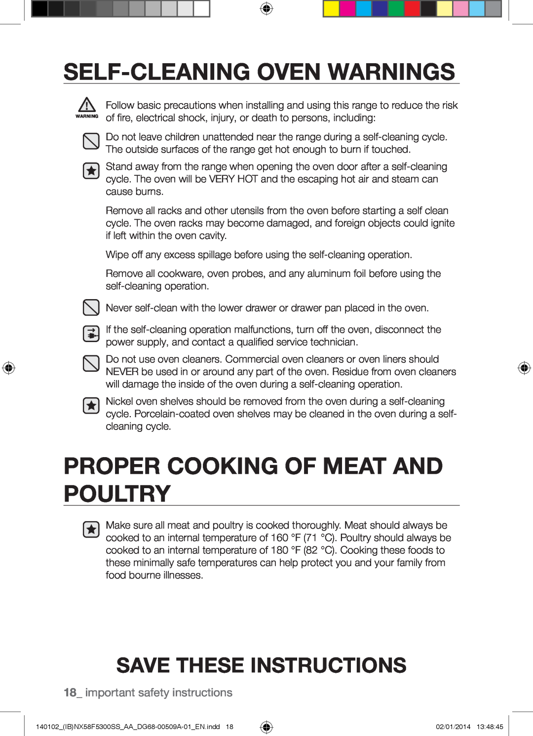 Samsung NX58F5500SW user manual Self-Cleaning Oven Warnings, Proper Cooking Of Meat And Poultry, Save These Instructions 