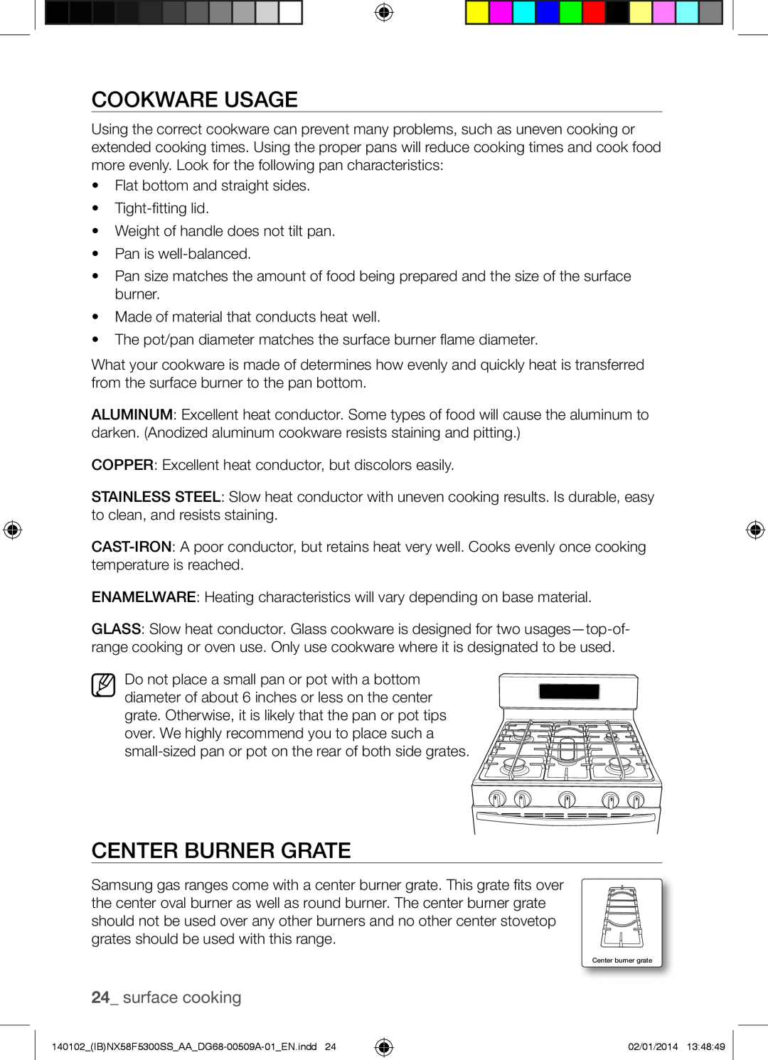 Samsung NX58F5500SW user manual Cookware Usage, Center Burner Grate, surface cooking 