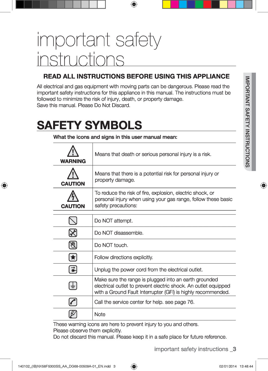 Samsung NX58F5500SW Safety Symbols, important safety instructions, Read All Instructions Before Using This Appliance 