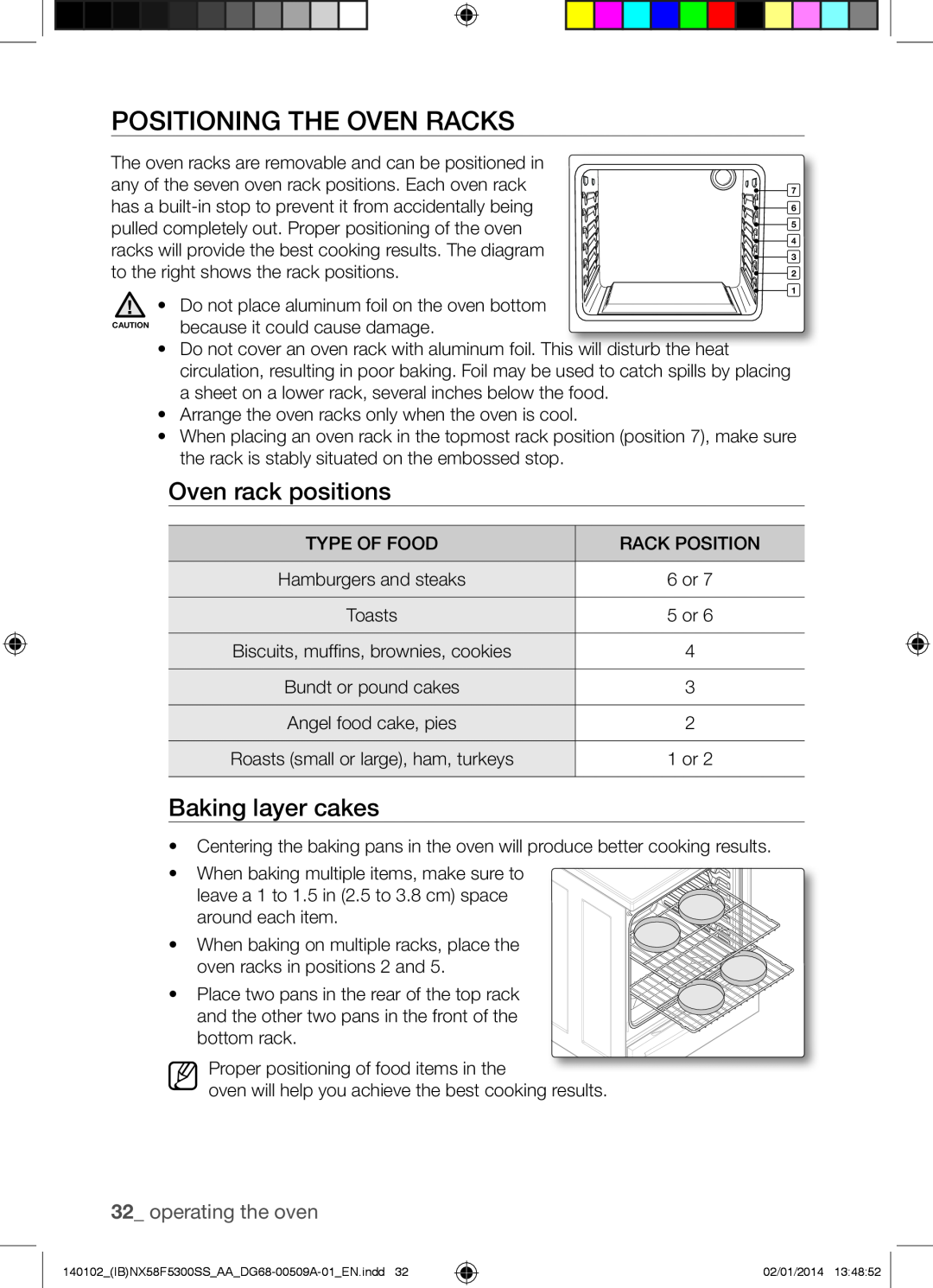 Samsung NX58F5500SW user manual Positioning The Oven Racks, Oven rack positions, Baking layer cakes, operating the oven 