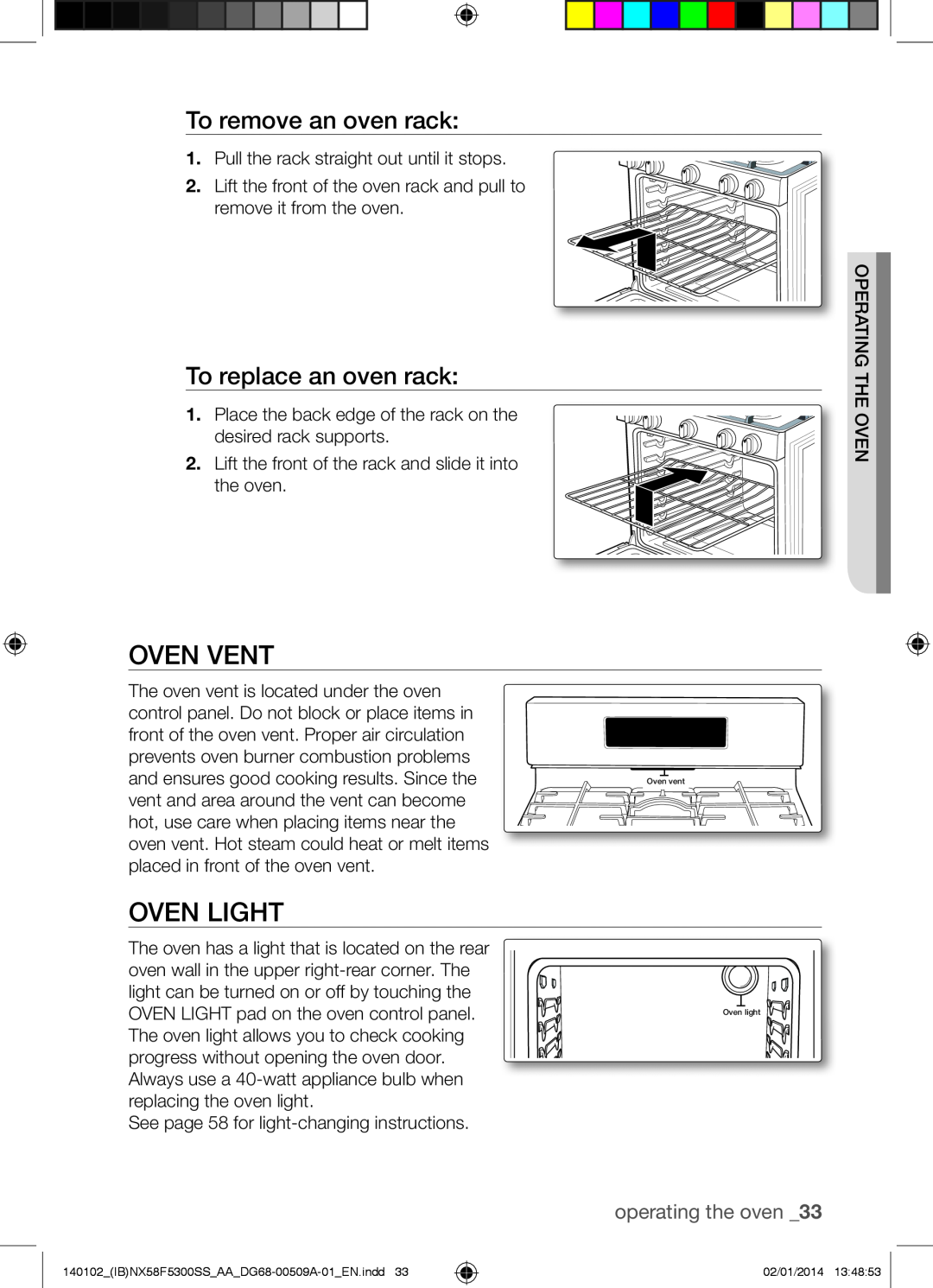 Samsung NX58F5500SW user manual Oven Vent, Oven Light, To remove an oven rack, To replace an oven rack, operating the oven 