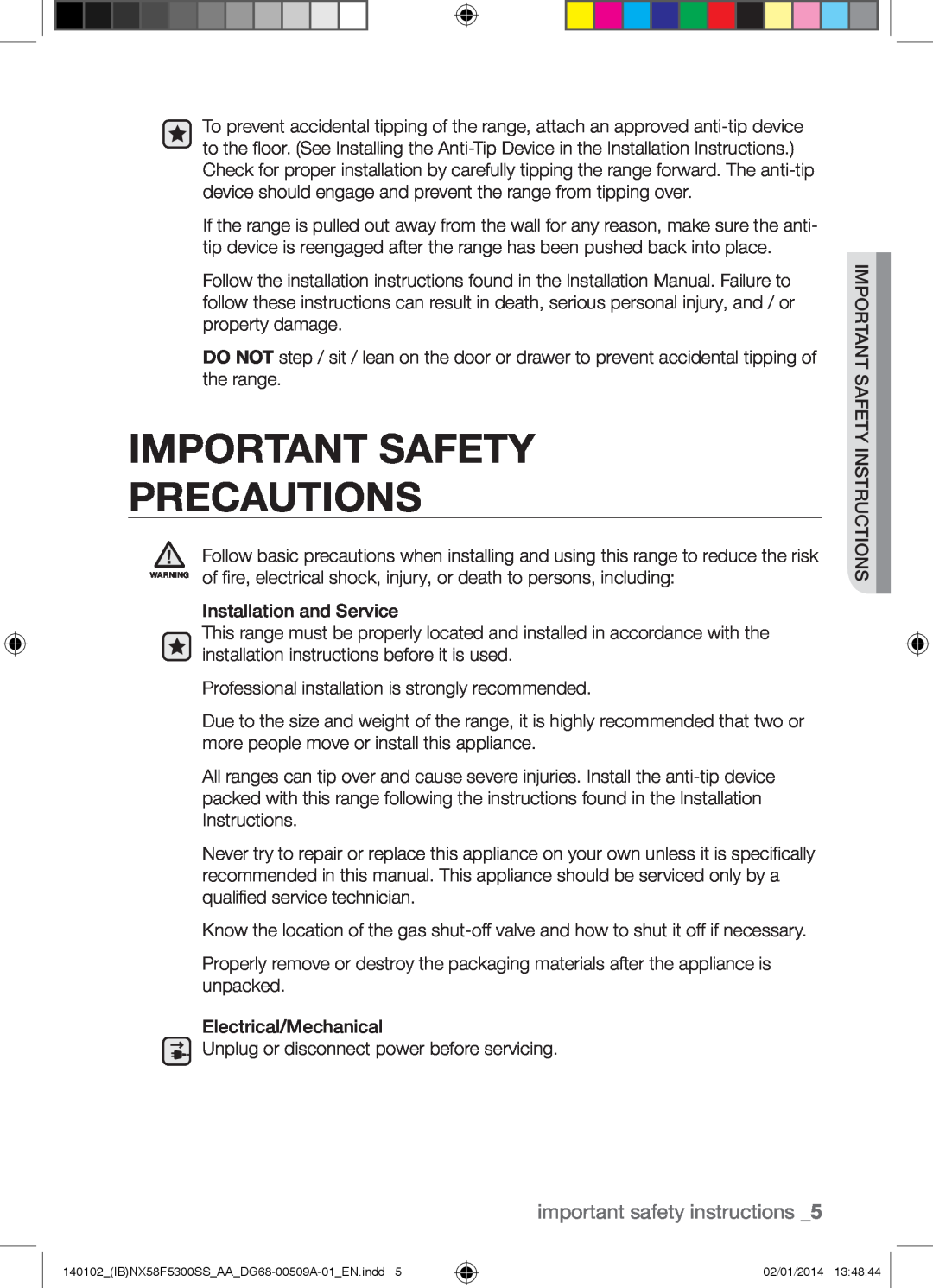 Samsung NX58F5500SW user manual Important Safety Precautions, important safety instructions 