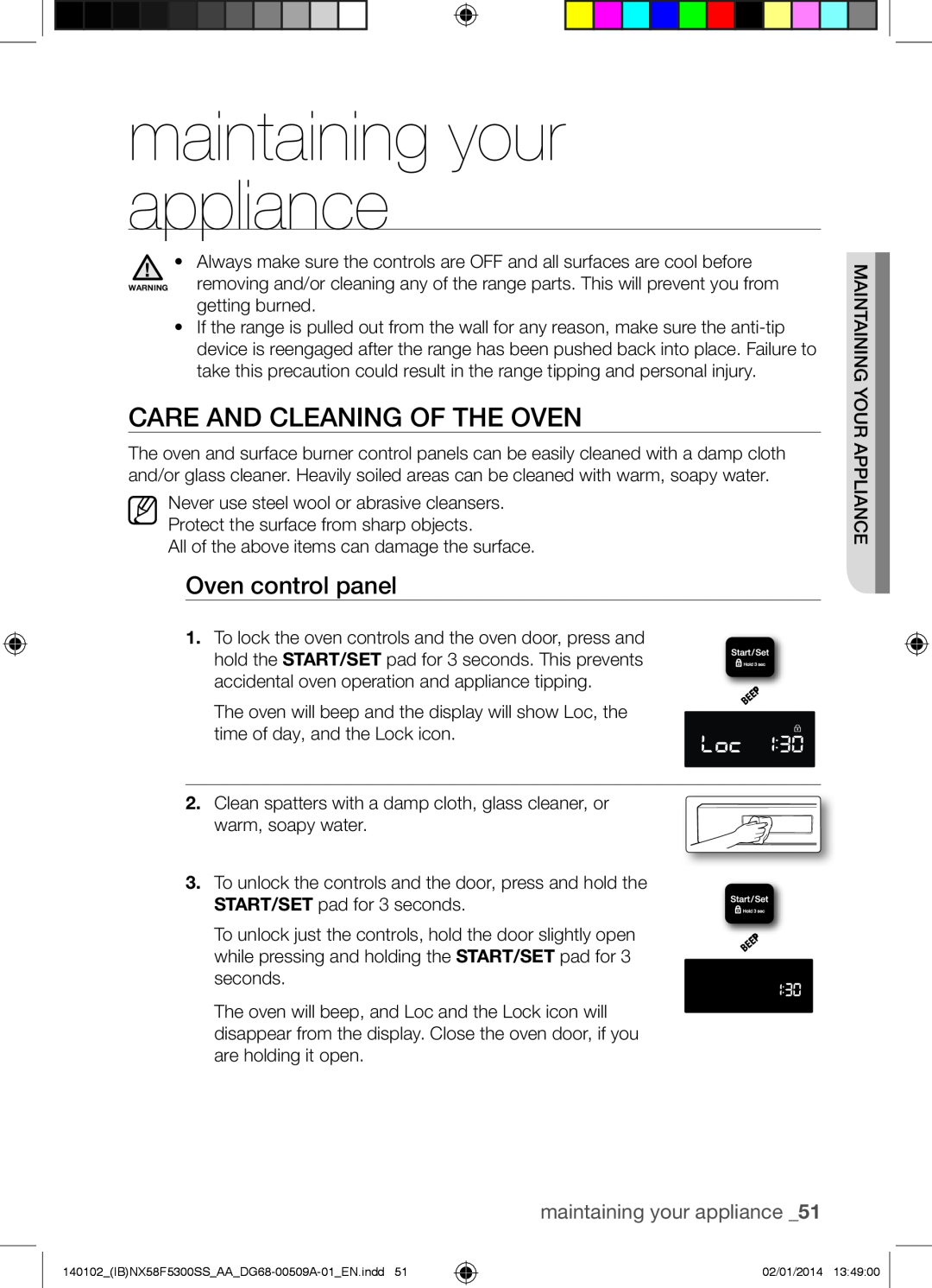 Samsung NX58F5500SW user manual maintaining your appliance, Care And Cleaning Of The Oven, Oven control panel 