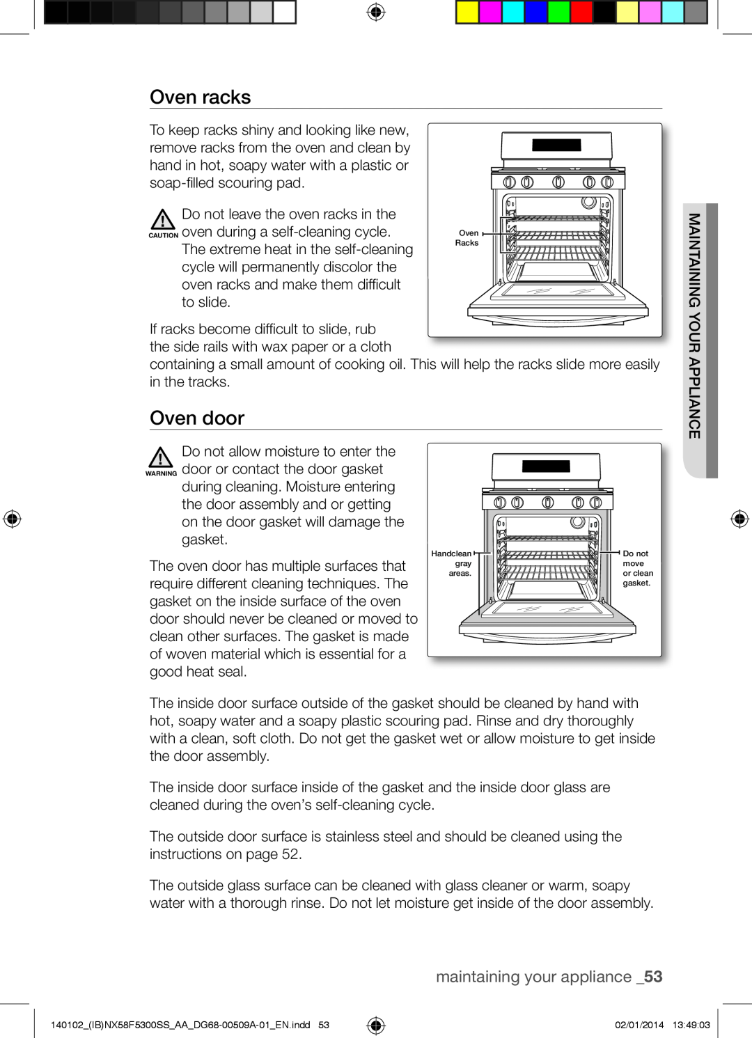 Samsung NX58F5500SW user manual Oven racks, Oven door, maintaining your appliance 