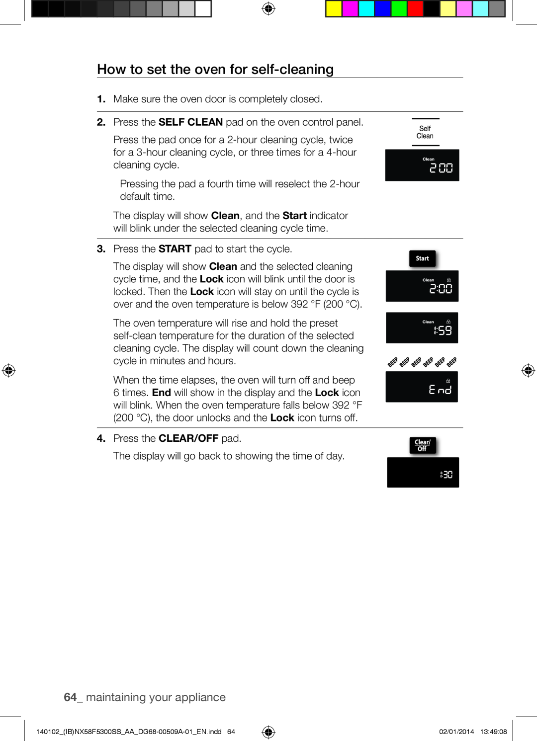 Samsung NX58F5500SW user manual How to set the oven for self-cleaning, maintaining your appliance 
