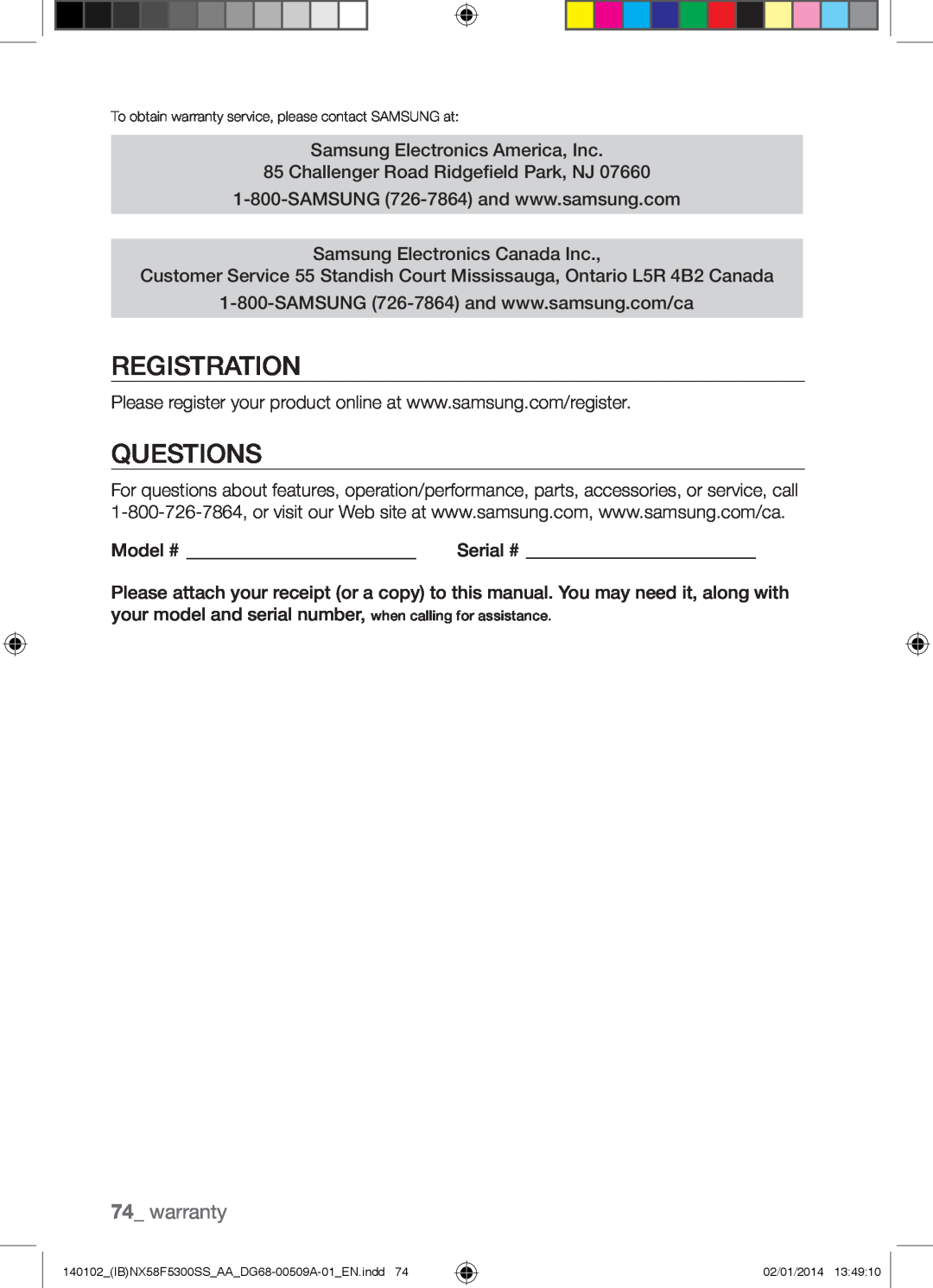 Samsung NX58F5500SW user manual Registration, Questions, warranty 