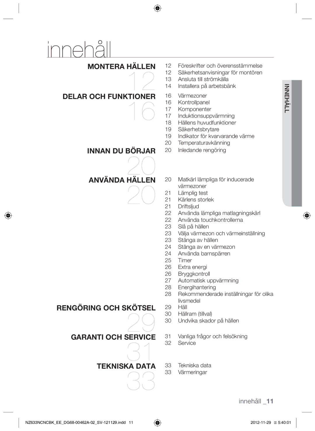 Samsung NZ633NCNCBK/EE manual Innehåll 