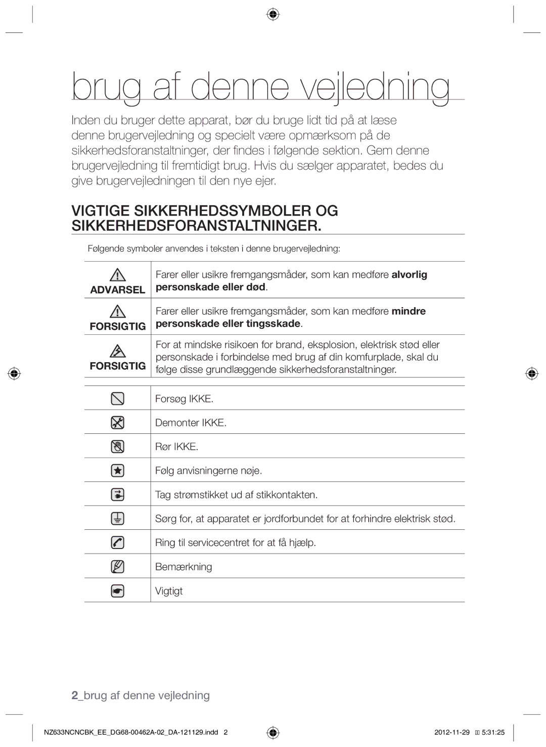 Samsung NZ633NCNCBK/EE manual Brug af denne vejledning, Vigtige sikkerhedssymboler og sikkerhedsforanstaltninger 