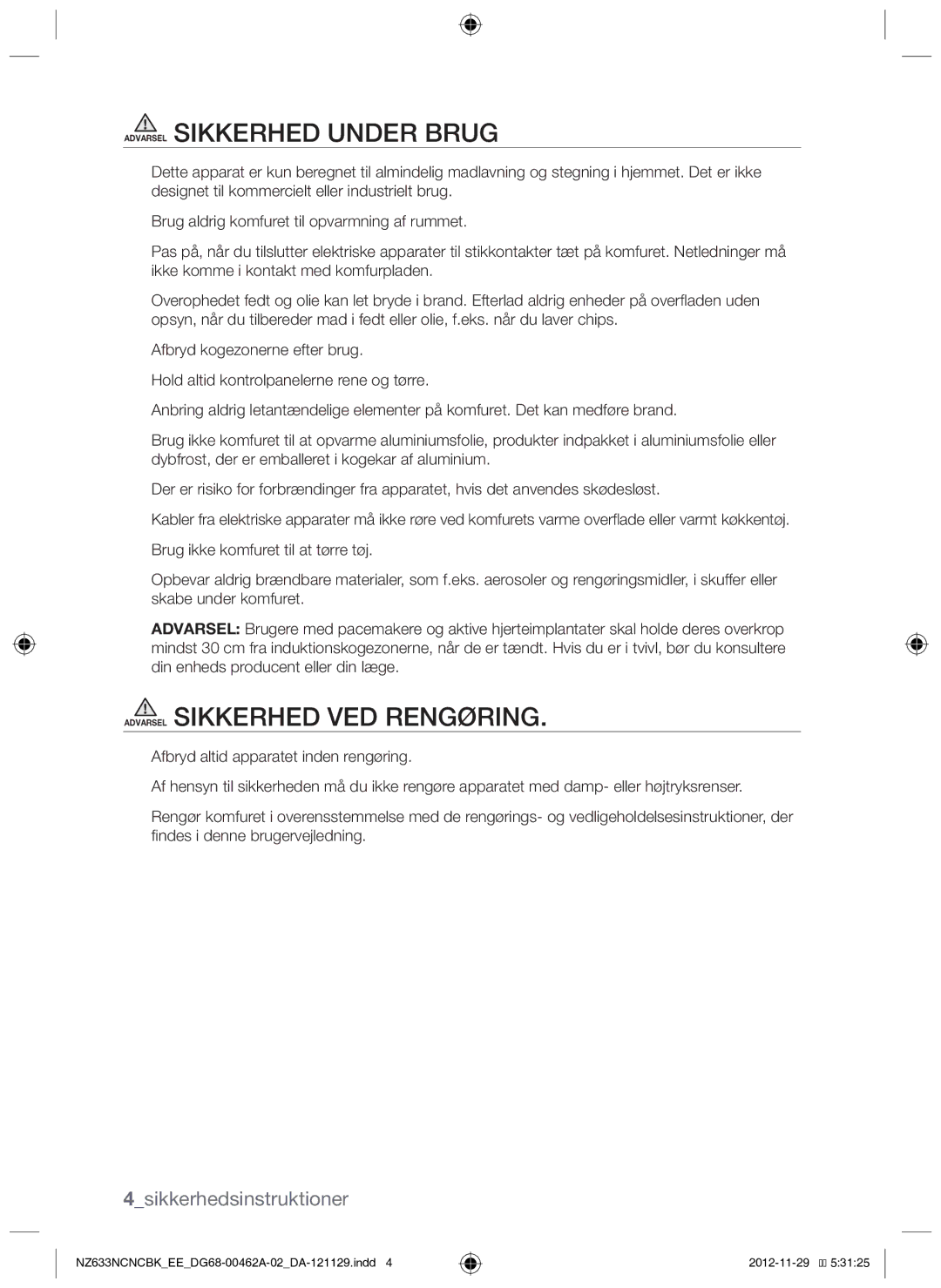 Samsung NZ633NCNCBK/EE manual 4sikkerhedsinstruktioner 