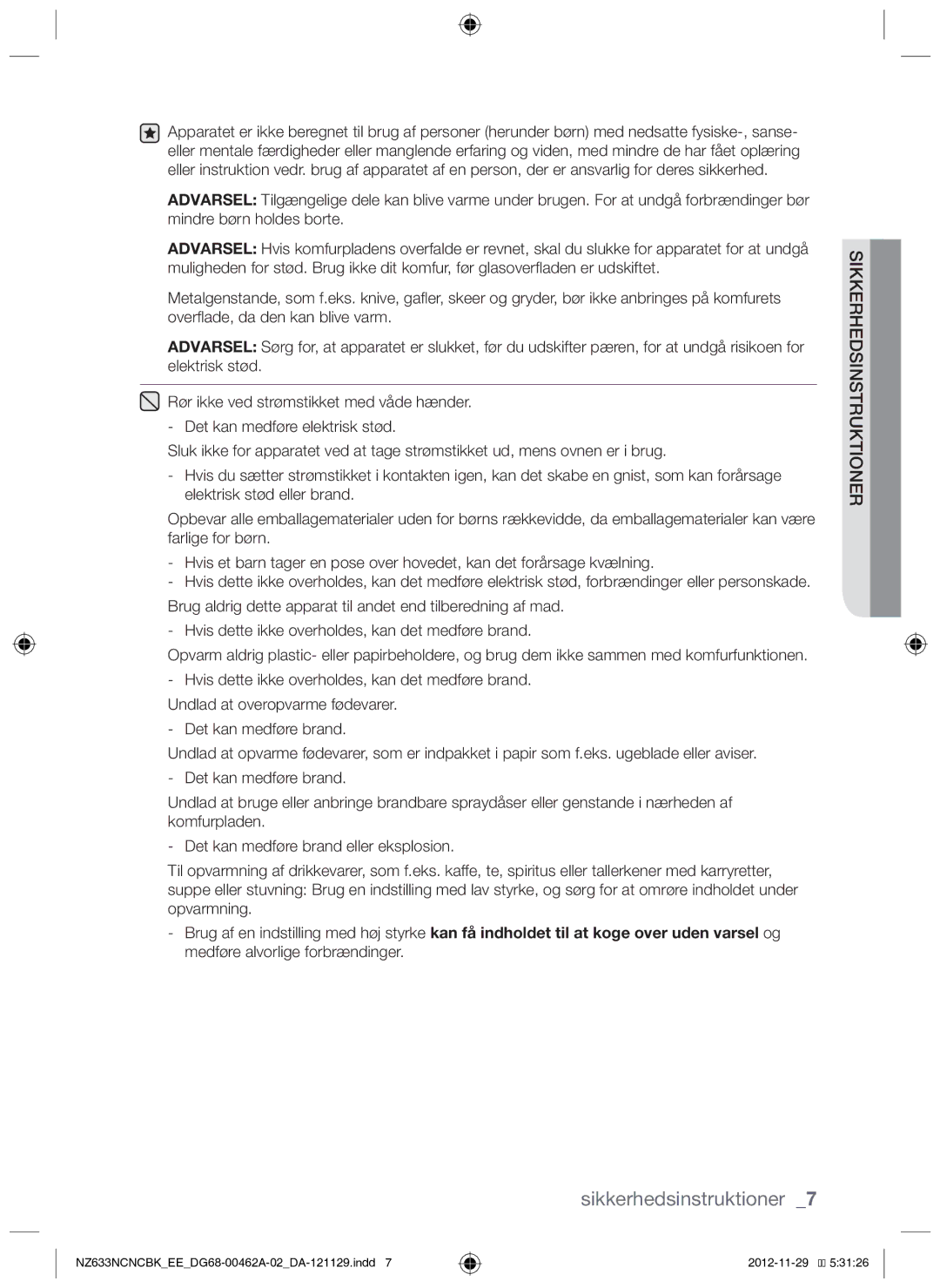 Samsung NZ633NCNCBK/EE manual Sikkerhedsinstruktioner 