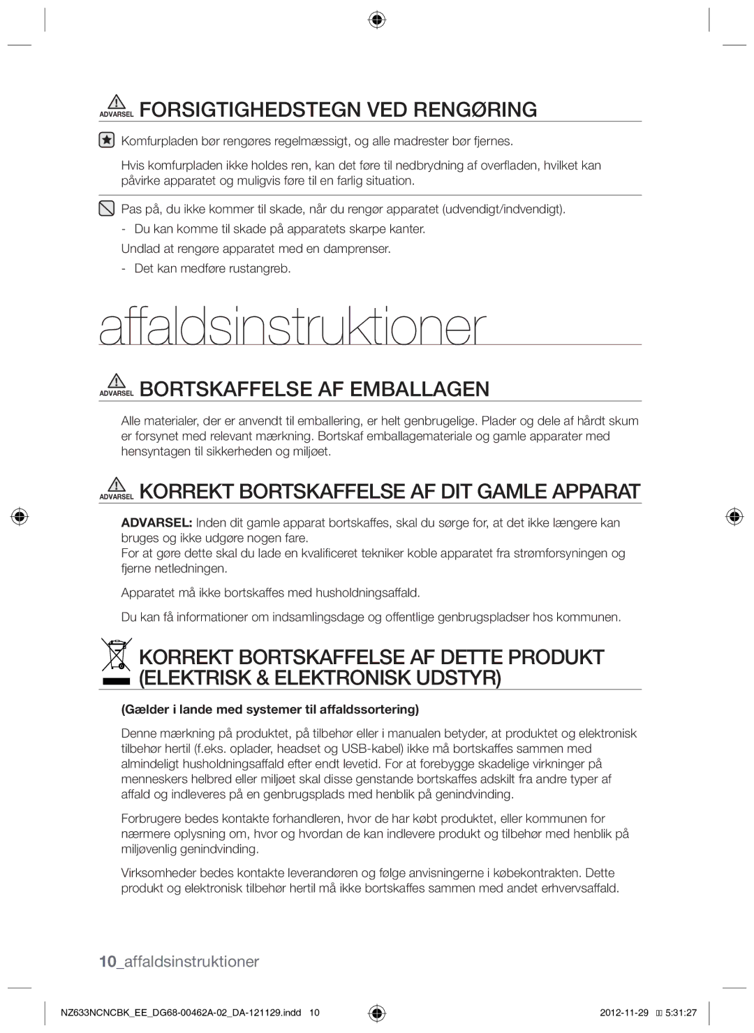 Samsung NZ633NCNCBK/EE manual Affaldsinstruktioner, 10affaldsinstruktioner 