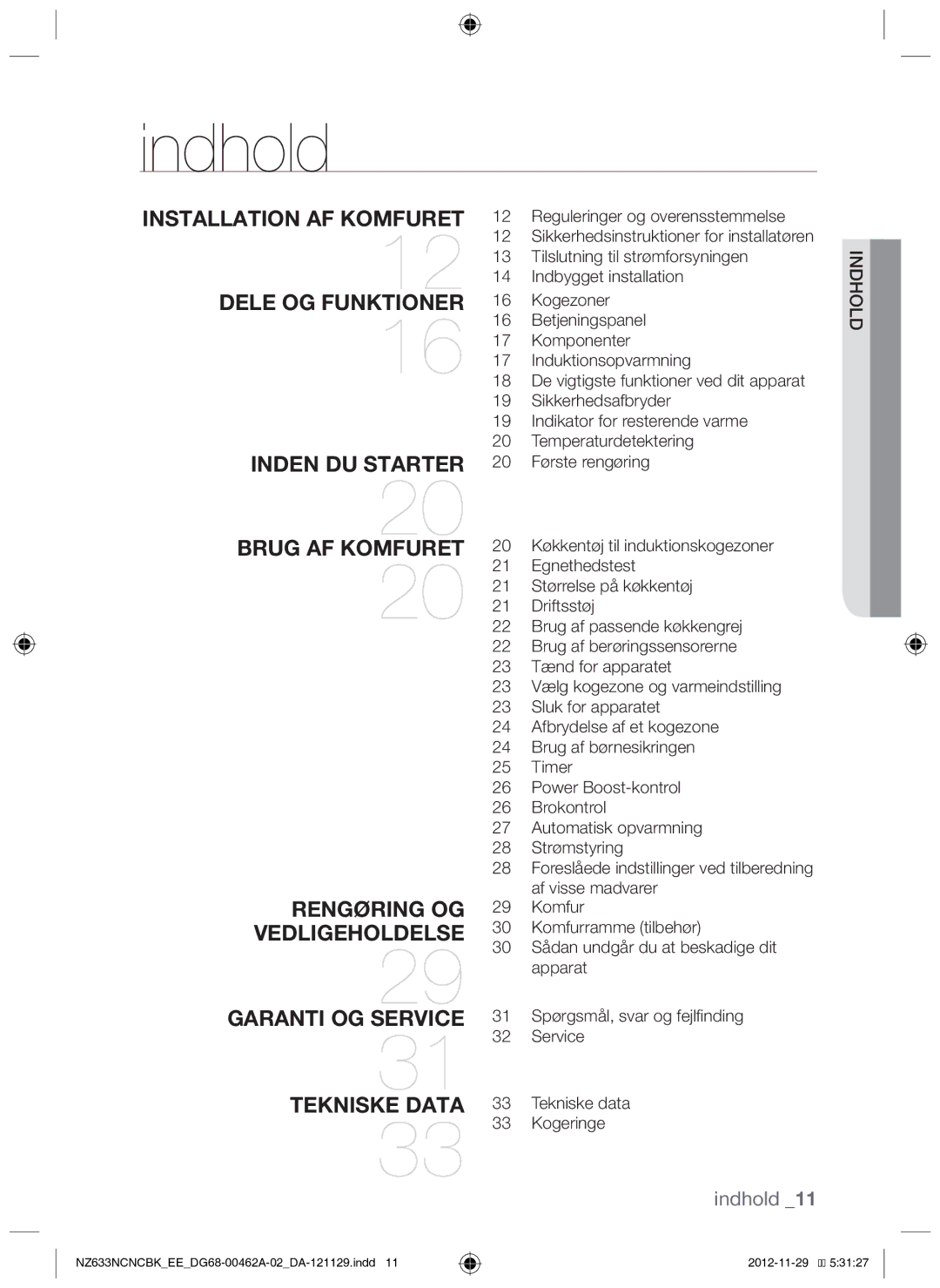 Samsung NZ633NCNCBK/EE manual Indhold 