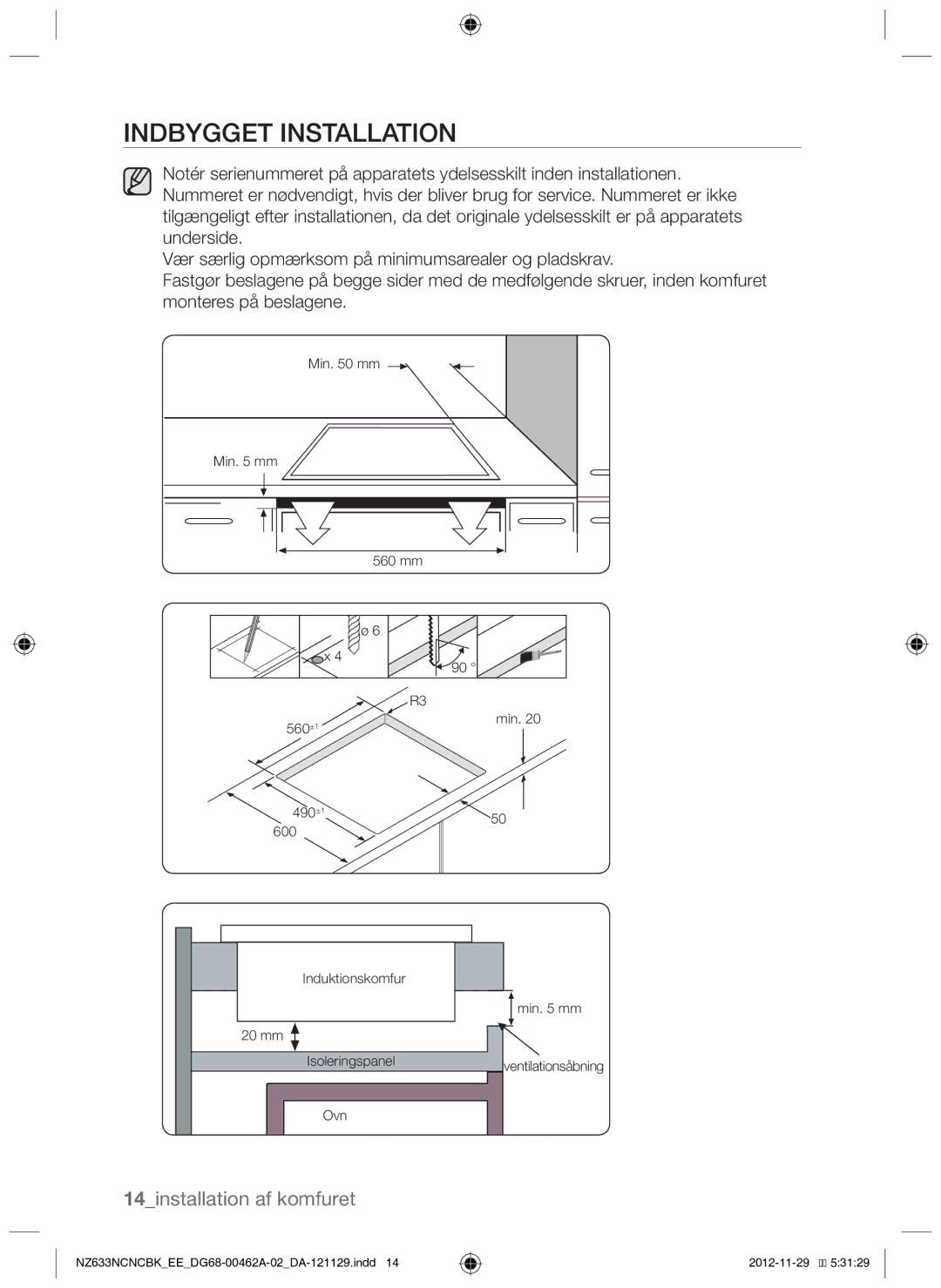 Samsung NZ633NCNCBK/EE manual Indbygget installation, 14installation af komfuret 