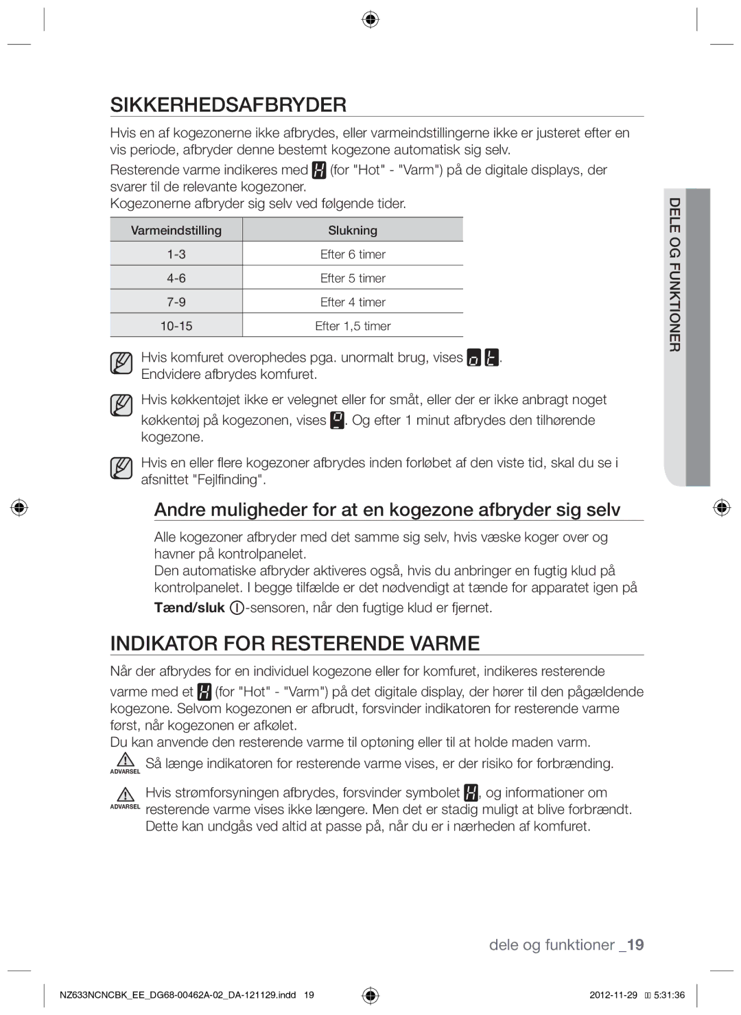 Samsung NZ633NCNCBK/EE manual Sikkerhedsafbryder, Indikator for resterende varme 