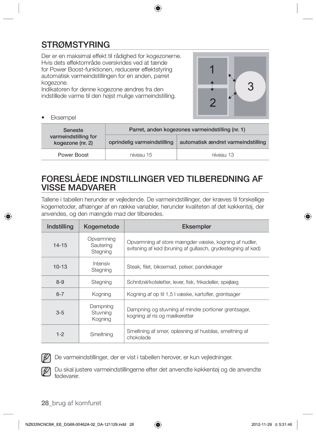 Samsung NZ633NCNCBK/EE manual Foreslåede indstillinger ved tilberedning af visse madvarer, 28brug af komfuret 