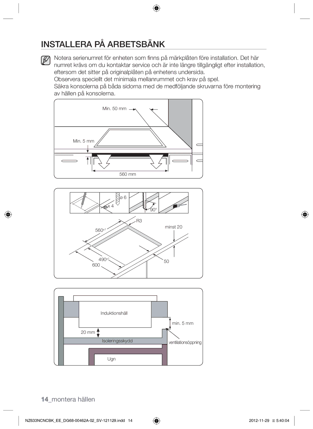 Samsung NZ633NCNCBK/EE manual Installera på arbetsbänk, 14montera hällen 