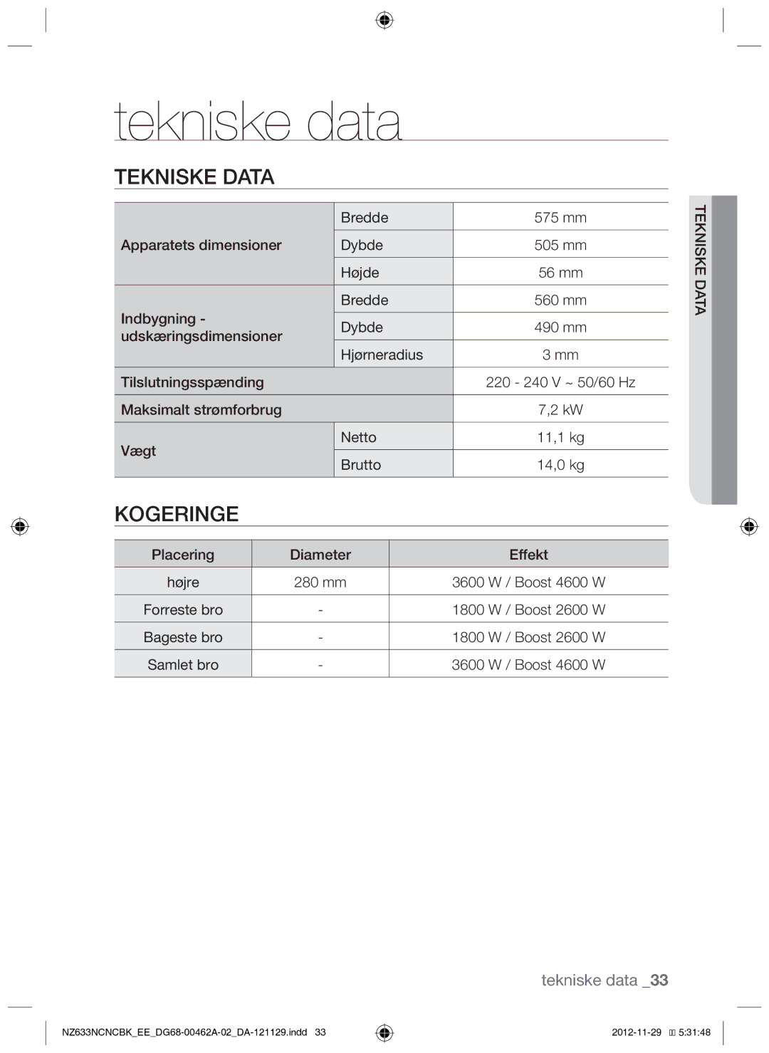 Samsung NZ633NCNCBK/EE manual Kogeringe 