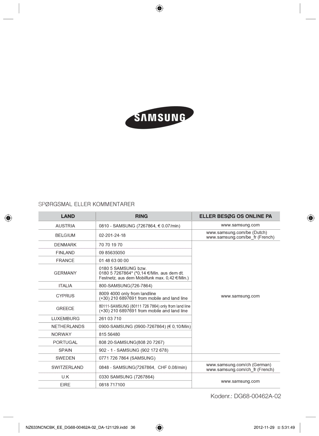 Samsung NZ633NCNCBK/EE manual Kodenr. DG68-00462A-02 