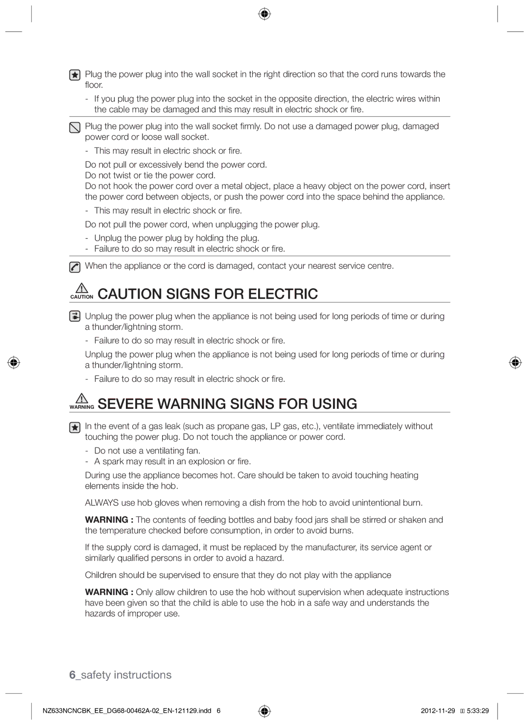 Samsung NZ633NCNCBK/EE manual 6safety instructions 