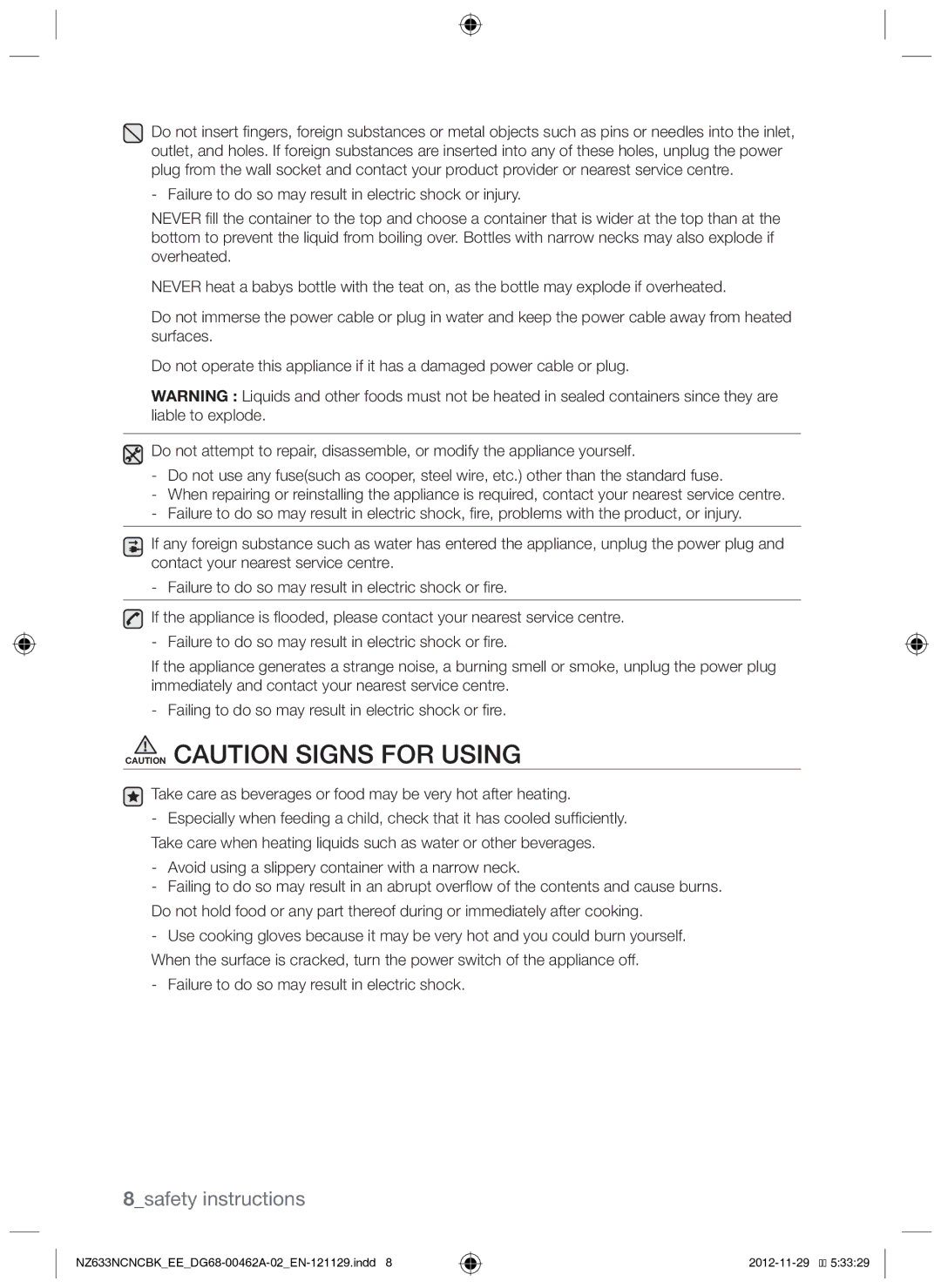 Samsung NZ633NCNCBK/EE manual 8safety instructions 