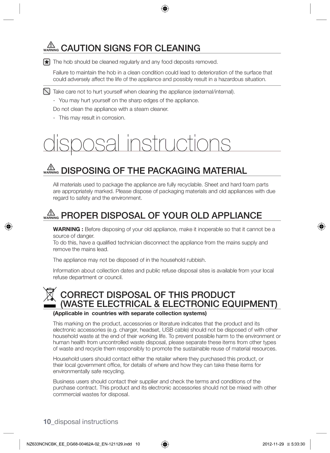 Samsung NZ633NCNCBK/EE manual Disposal instructions, 10disposal instructions 