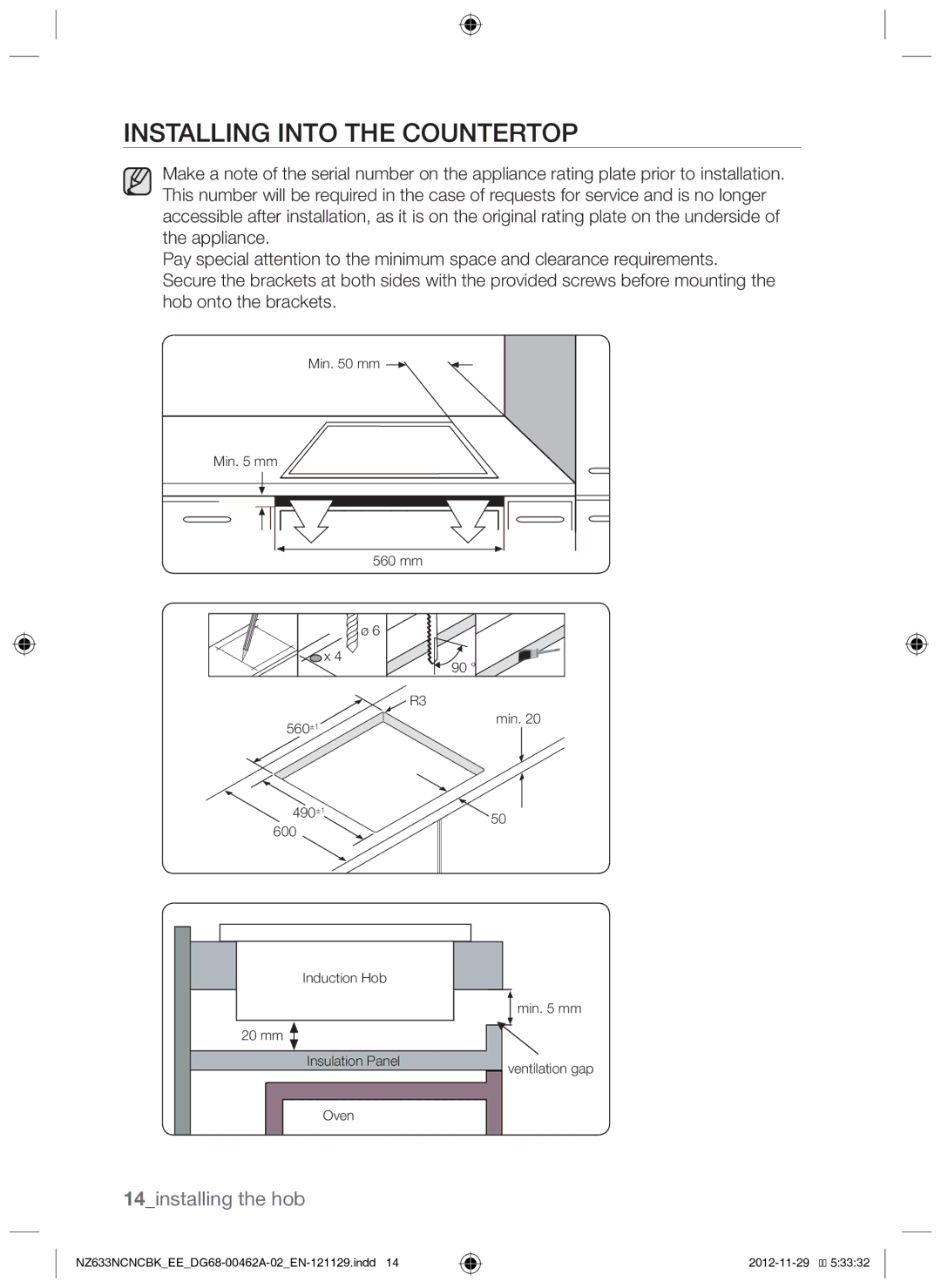 Samsung NZ633NCNCBK/EE manual Installing into the countertop, 14installing the hob 